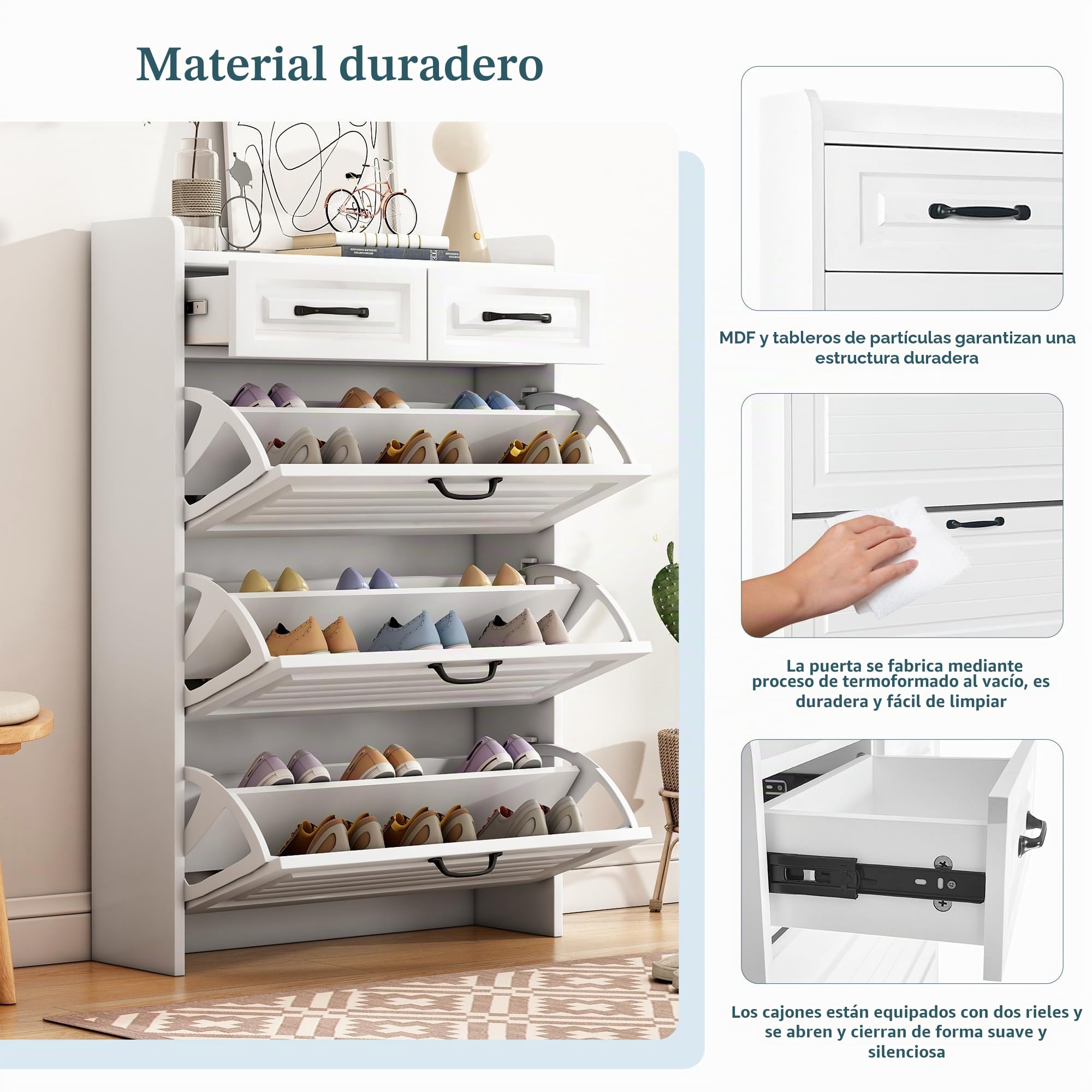 Goeria Zapatero con Zapatero Giratorio, 3 Estantes Giratorios, 2 Cajones, Madera, Blanco, 80L x 120H x 23.5B, Adecuado para Zonas de Entrada y Salón
