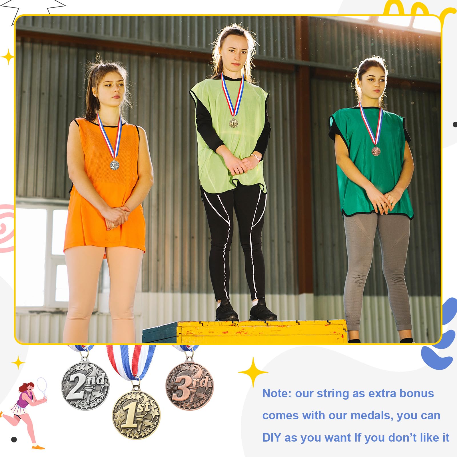RoundFunny Medaillen für den 1., 2., 3. Platz, Medaillen für Auszeichnungen, Gewinnermedaille, Gold, Silber, Bronze, Medaille mit Halsband, Trophäe, Auszeichnung für Sportwettbewerbe, Party, 5,1 cm