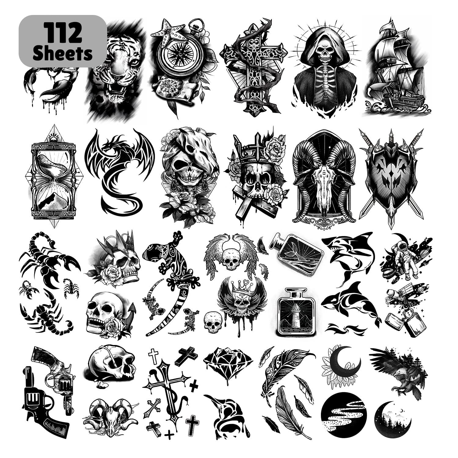Leesgel112 Sheets Temporary Tattoos, 3D Black Realistic Fake Tattoos for Adults Women Men, Death Skull Skeleton lion Halloween Festival Stick on Tattoos Stickers, Waterproof Transfer Paper