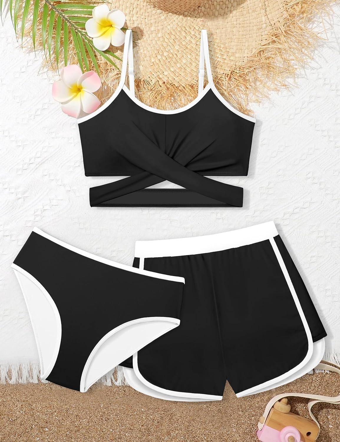 Teen Girls Swimsuit 3 Piece Bikini Set Criss Cross Bathing Suit Color Blocked Girls' Swimwear with Beach Sports Shorts - Image 6