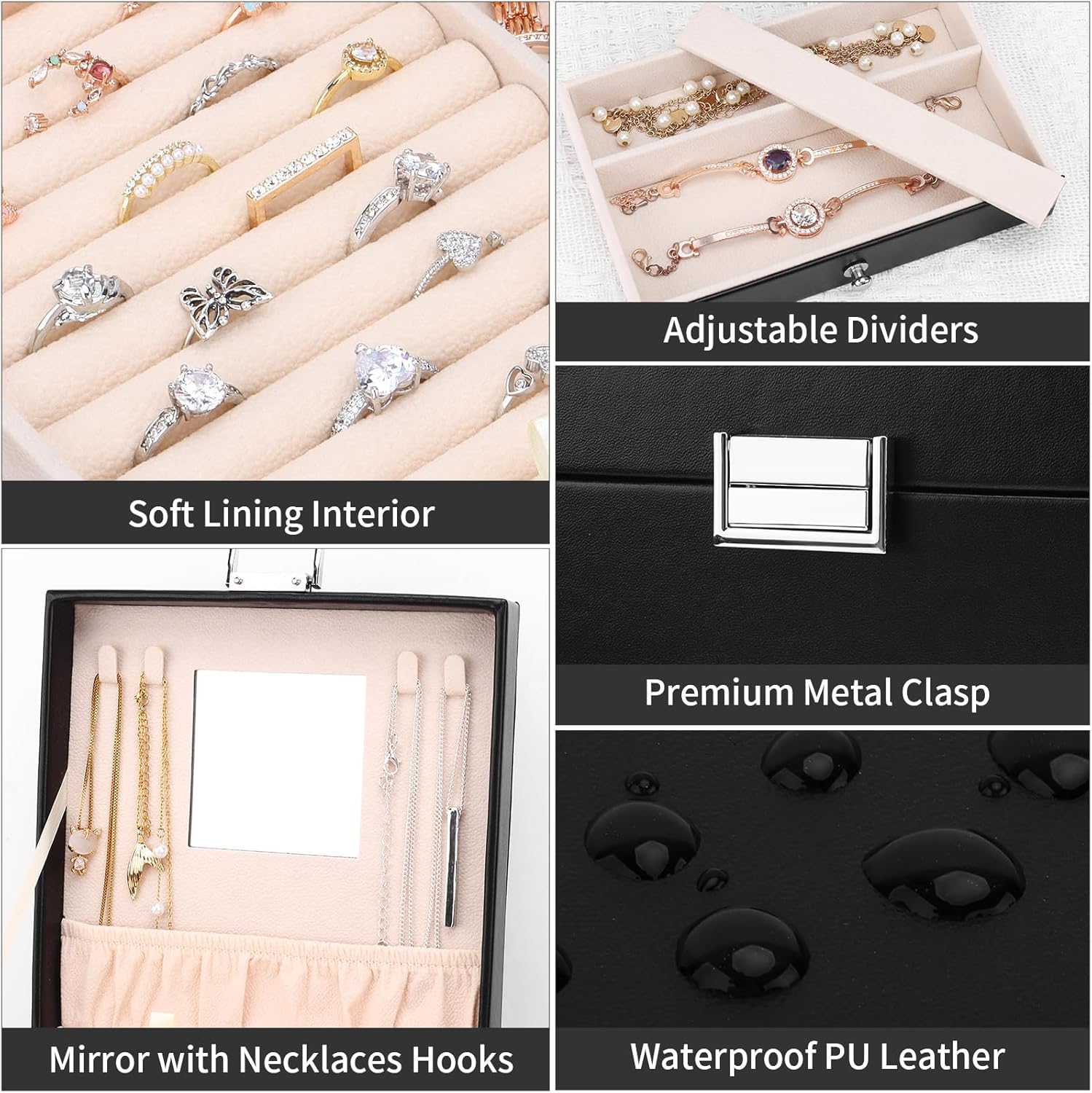 DesignSter Jewelry Organizer Box, 5 Layers Jewelry Box with side compartment, Large Leather Jewelry Storage Case with Mirror for Necklaces Earrings Rings Bracelets Watches (Black)