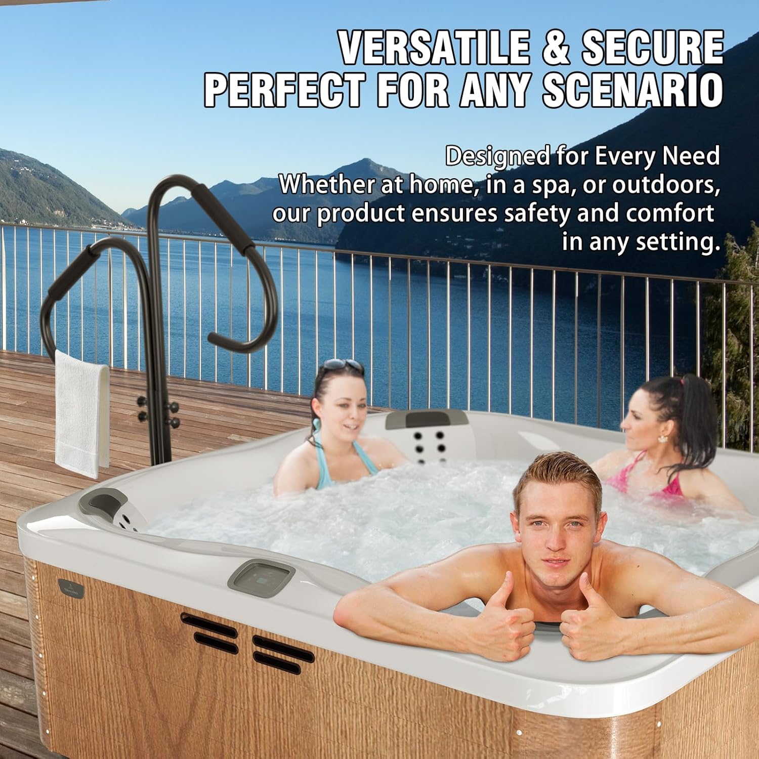 Hot Tub Handrails 48-57 Inch Adjustable Two Way Hot Tub Handrail, 700LB Capacity 360° Swivel Assist Rail for Indoor Outdoor Spa Bathtub Entry and Exit, Black