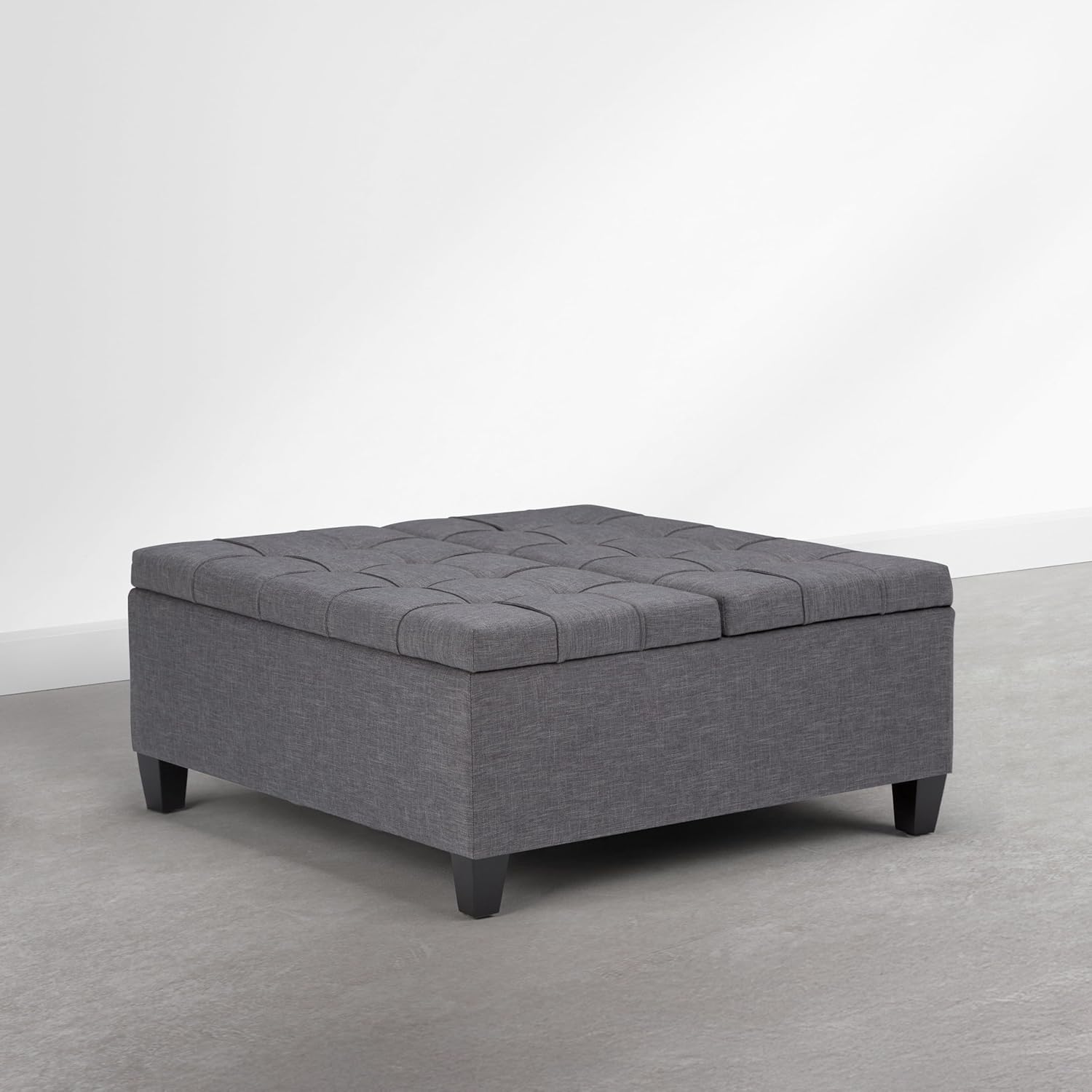 SIMPLIHOME Harrison Coffee Table Storage Ottoman - 36 inch Wide Upholstered Linen Look Fabric Square Storage Ottoman in Flint Grey, Transitional Tufted Ottoman for Living Room with Split Lift-Up Lid