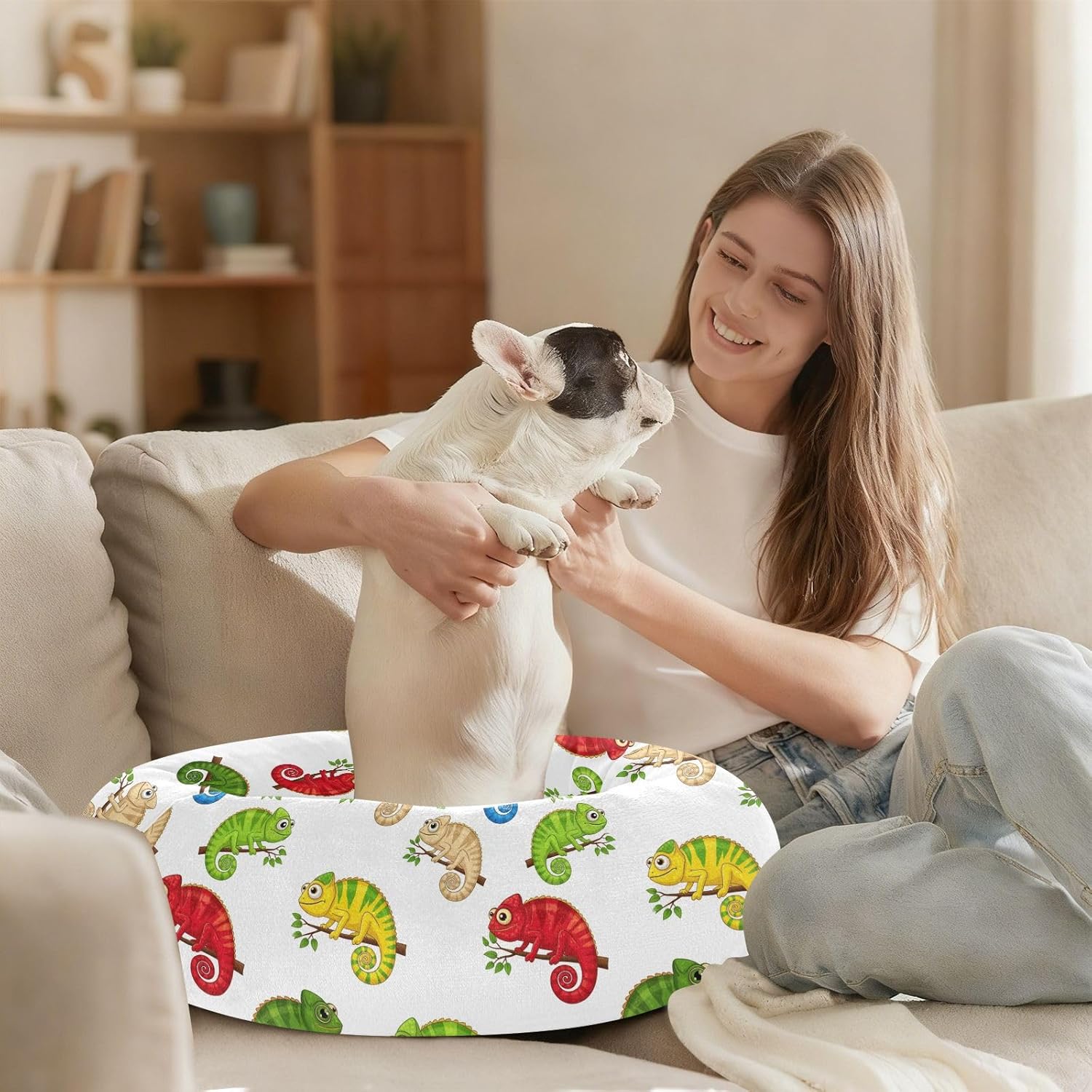 Chameleon Branch White Pattern Dog Bed Plush Small Medium Dog Cat Bed Washable Donut Pet Puppy Beds for Winter Indoor Pets Sleeping,M