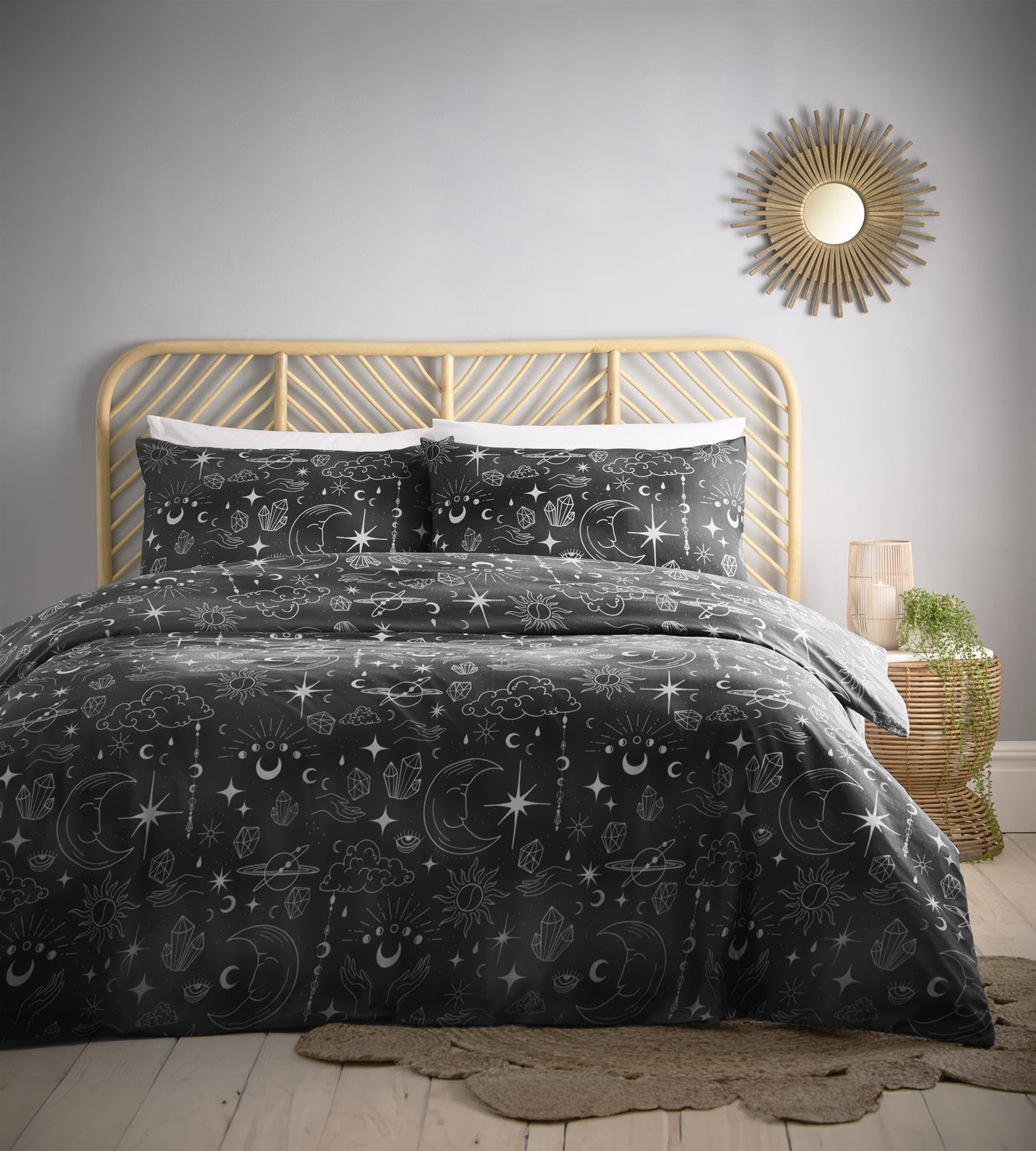 Charlotte Thomas Celestial Black Duvet Cover Set Sun Moon and Stars Bedding Black with Pillowcases Double