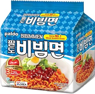 Paldo Bibimmen Instant Cold Noodles, 20 Pack, Korean Spicy Sweet Brothless Ramen with Apple Juice Seasoning Sauce, Quick & Easy K-Food (130g x 20)