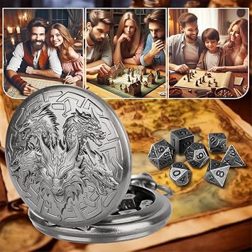 Mini DND Dice Set with Retro Five Dragon Heads Pocket Watch Shell Case, DND Starter Set, 7pcs Polyhedral Mini Metal Dice Set, D&D Gifts with Gift Box, Role Playing Board Game Accessories, Silver