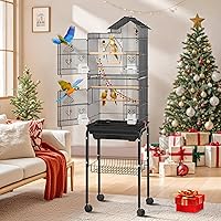 DWVO 62-Inch Large Metal Bird Cage with Stand for Cockatiels Parrots Lovebirds - 4 Doors Roof Access Rolling Wheels Black