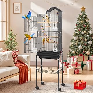 DWVO 62-Inch Large Metal Bird Cage with Stand for Cockatiels Parrots Lovebirds - 4 Doors Roof Access Rolling Wheels Black