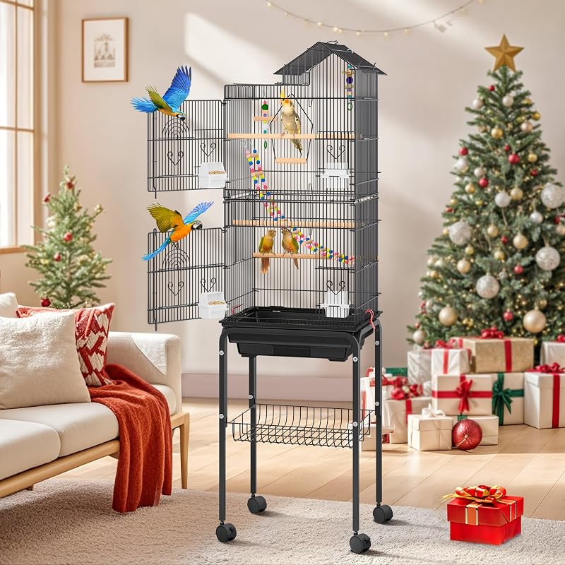 DWVO 62-inch Metal Bird Cage | Bird Cage Spacious for Cockatiels, Parrots, Pigeons, Lovebirds, Features Roof Access and Rolling Stand Black
