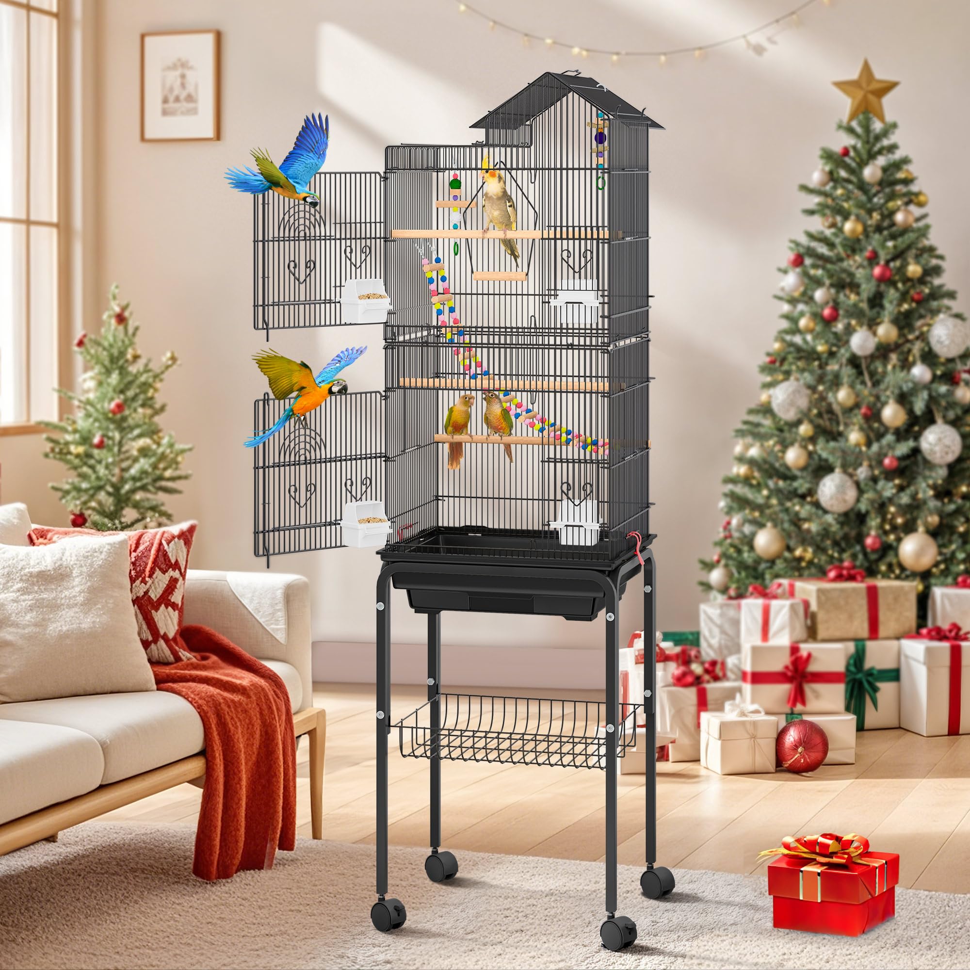 DWVO 62-inch Metal Bird Cage: Bird Cage Spacious for Cockatiels, Parrots, Pigeons, Lovebirds, Features Roof Access and Rolling Stand Black