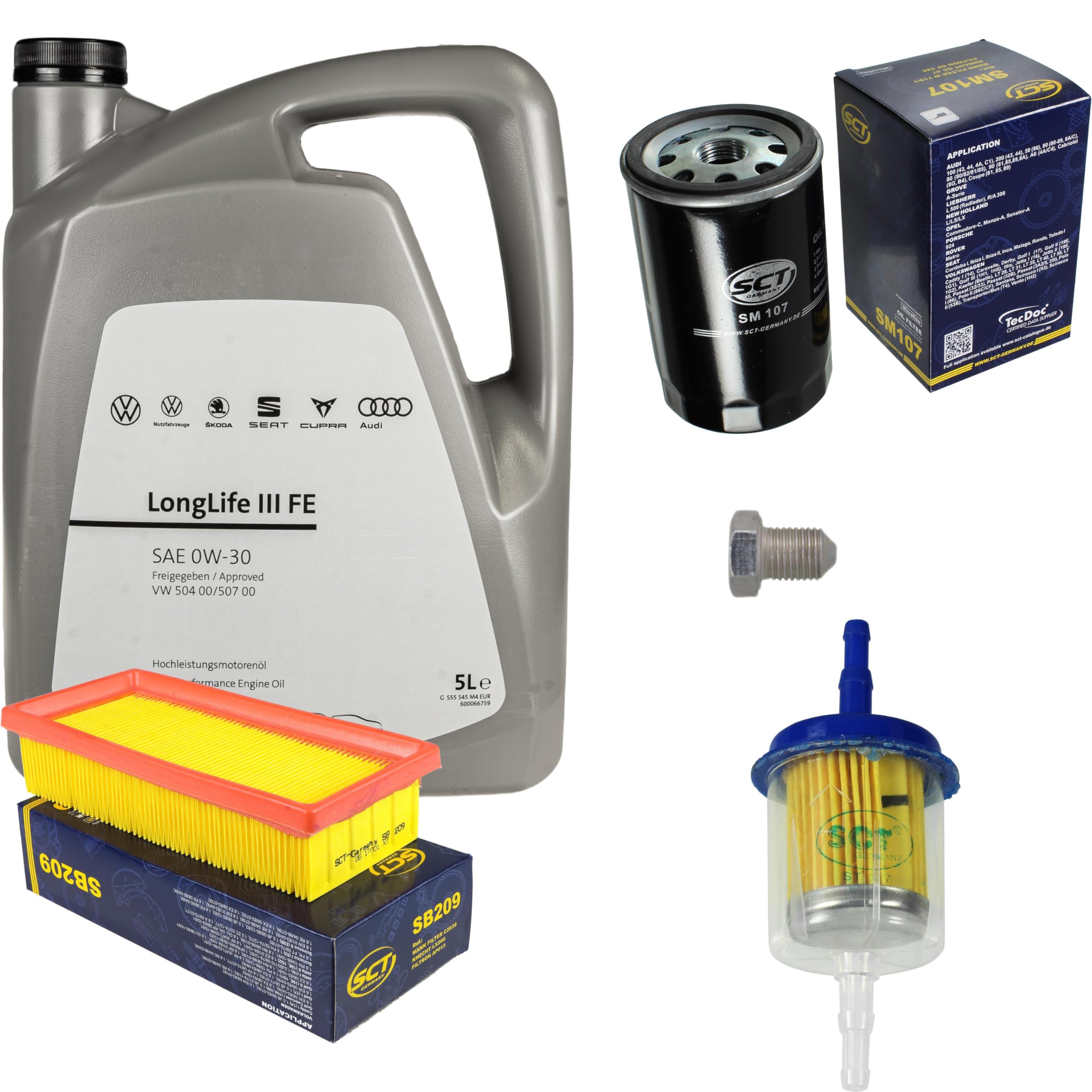 Paquete de inspección Kit de mantenimiento con 5 L 0W-30 aceite de motor LongLife 3 FE, filtro de aceite, filtro de aire, filtro de combustible, tapón de drenaje de aceite