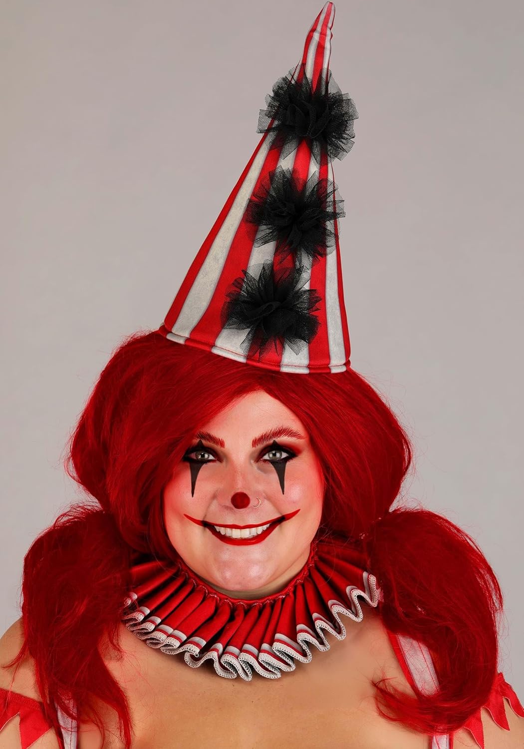 Womens Plus Size Sinister Circus Clown Costume with Dress, Collar, Hat, and Gloves for Creepy Halloween Carnival Party - Image 4
