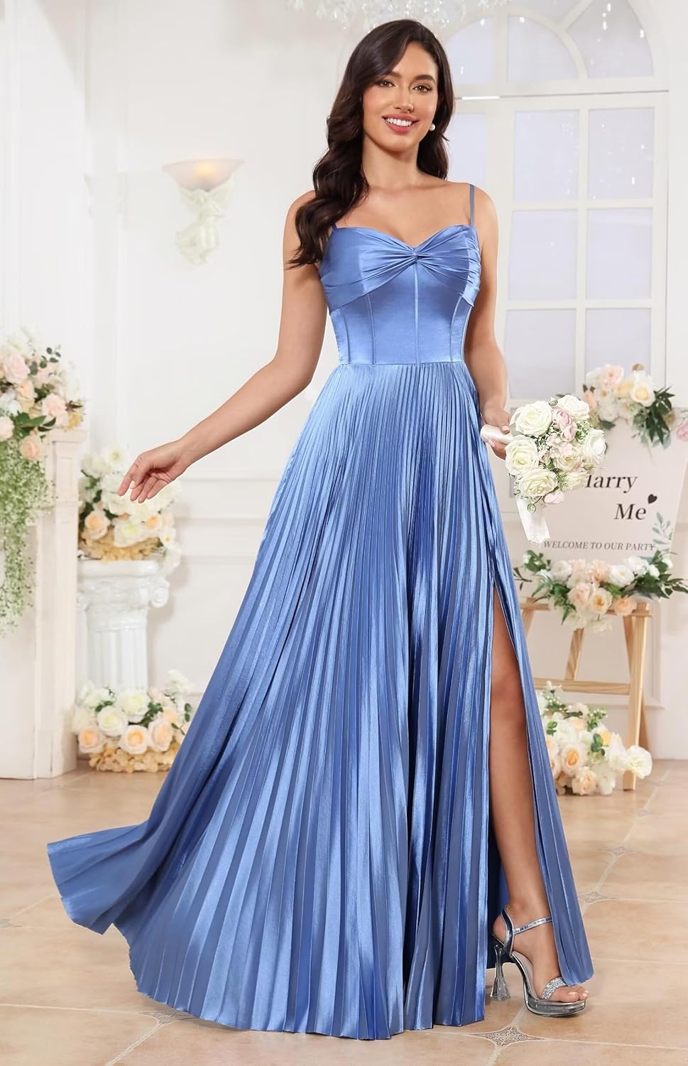 Satin Bridesmaid Dresses with Slit Pleated Spaghetti Straps Sweetheart Neck Long Formal Dresses for Women