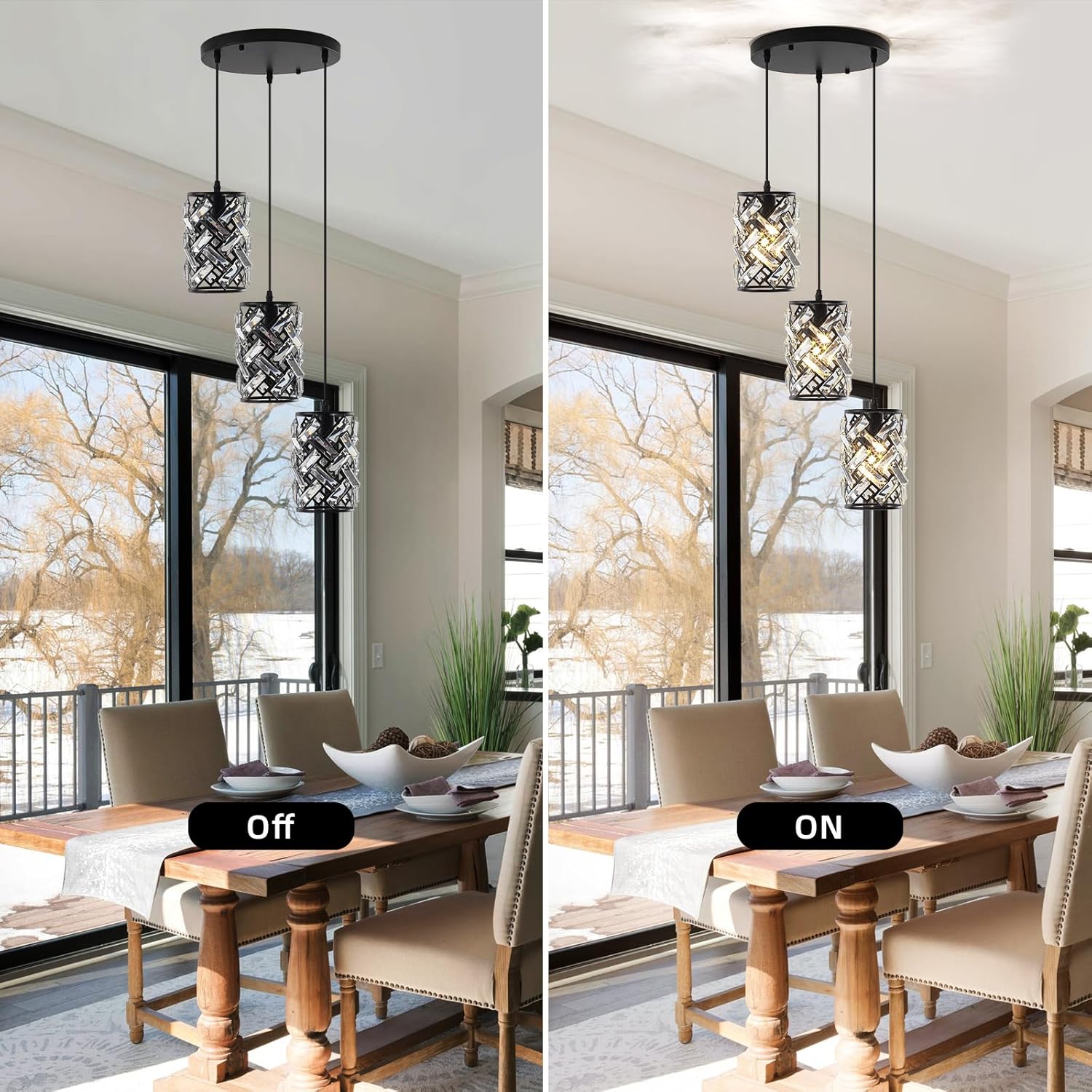 Pendant Lights Kitchen Island, Black Crystal Chandelier Pendant Lighting 3 Light, Adjustable Modern Kitchen Island Lights Ceiling Hanging Cluster Pendant Light Fixture for Dining Room Entryway Foyer
