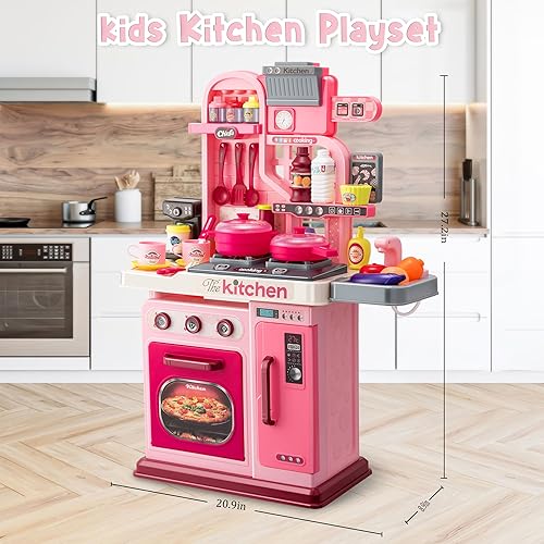 Vista 11 de Juego de cocina para niños, 53 piezas, estufa de cocina, lavabo, horno, juguetes de cocina con luces y sonidos realistas, juguetes de juego