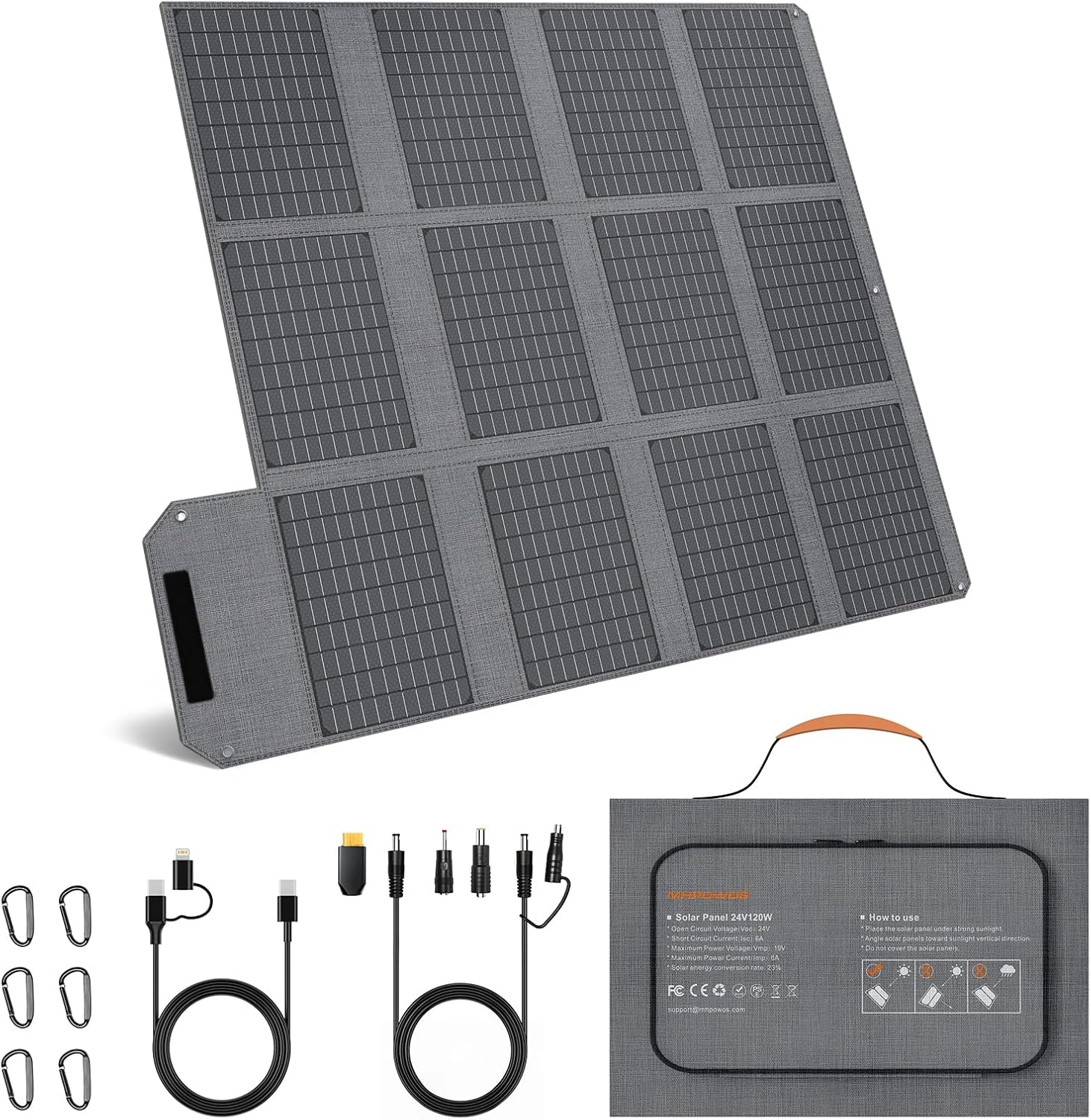 Przenośny panel słoneczny 120 W, składana ładowarka solarna 19 V z wyjściem USB C, USB A i DC, IP65, wodoszczelna i pyłoszczelna, do przenośnej stacji zasilającej, iPhone'a, iPada