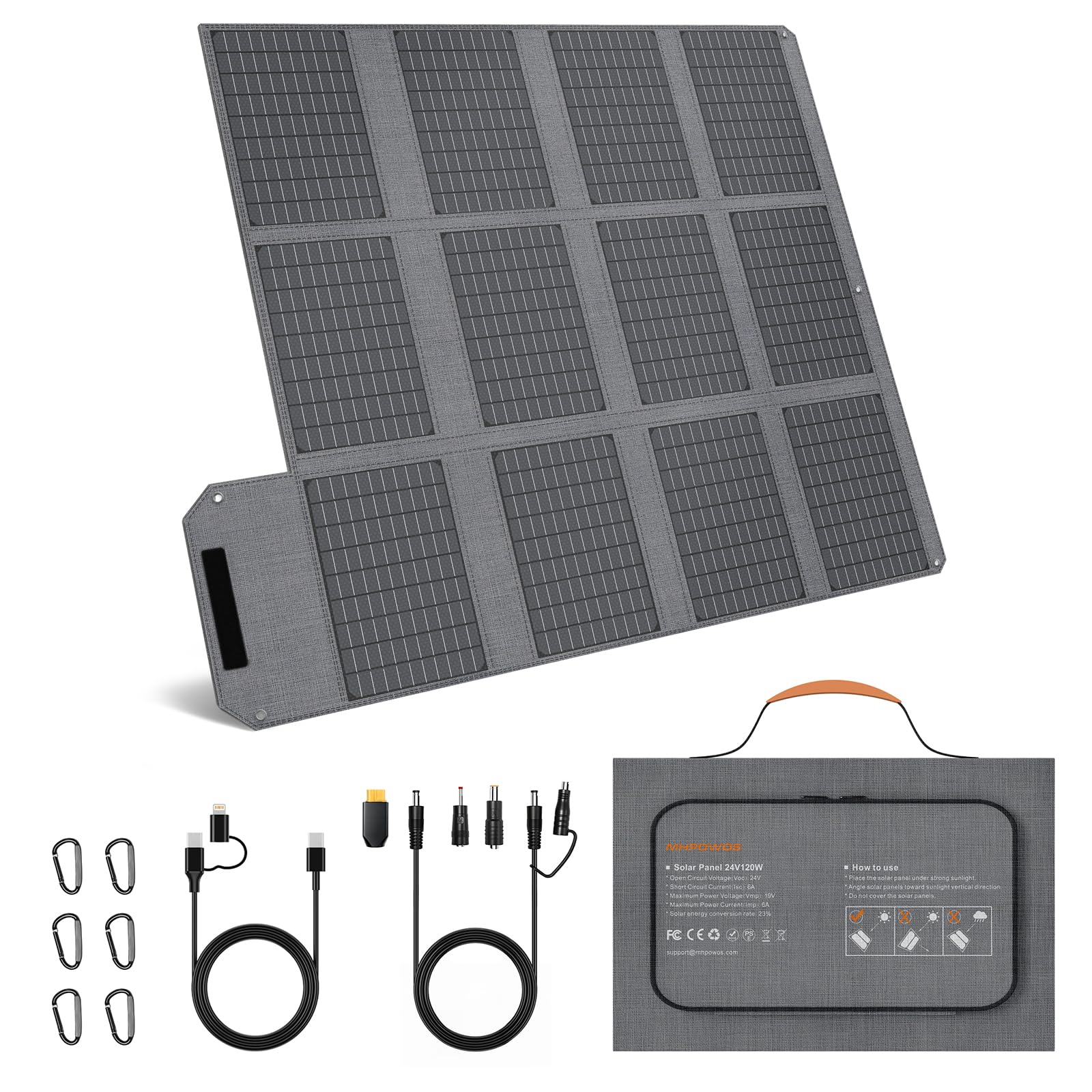 Przenośny panel słoneczny 120 W, składana ładowarka solarna 19 V z wyjściem USB C, USB A i DC, IP65, wodoszczelna i pyłoszczelna, do przenośnej stacji zasilającej, iPhone'a, iPada