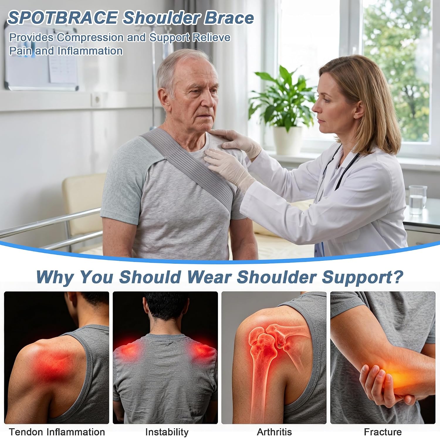 SPOTBRACE Shoulder Brace For Men Women, Adjustable Shoulder Support Compression Sleeve For Torn Rotator Cuff, Arm Sling Immobilizer Brace For Pain Relief Sleep Injuries, Gray, M/L