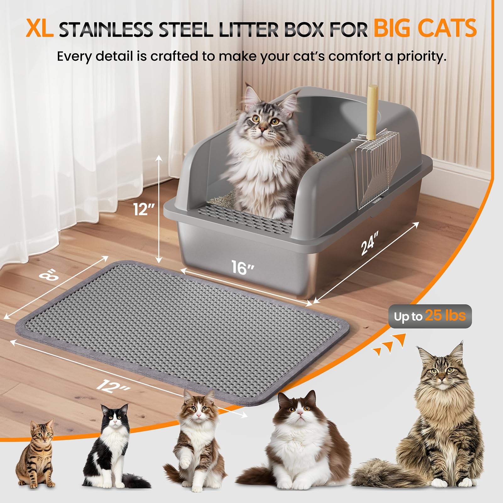 WIN4ALL Stainless Steel Cat Litter Box With Lid - Extra Large 24x16x12 Inches, High-Sided Enclosed Pan, Grey - View #9