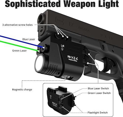 Miniatura 4 de Luz láser azul verde de 500 lúmenes para pistola, linterna recargable montada en riel láser Combo para riel Picatinny, carga magnética