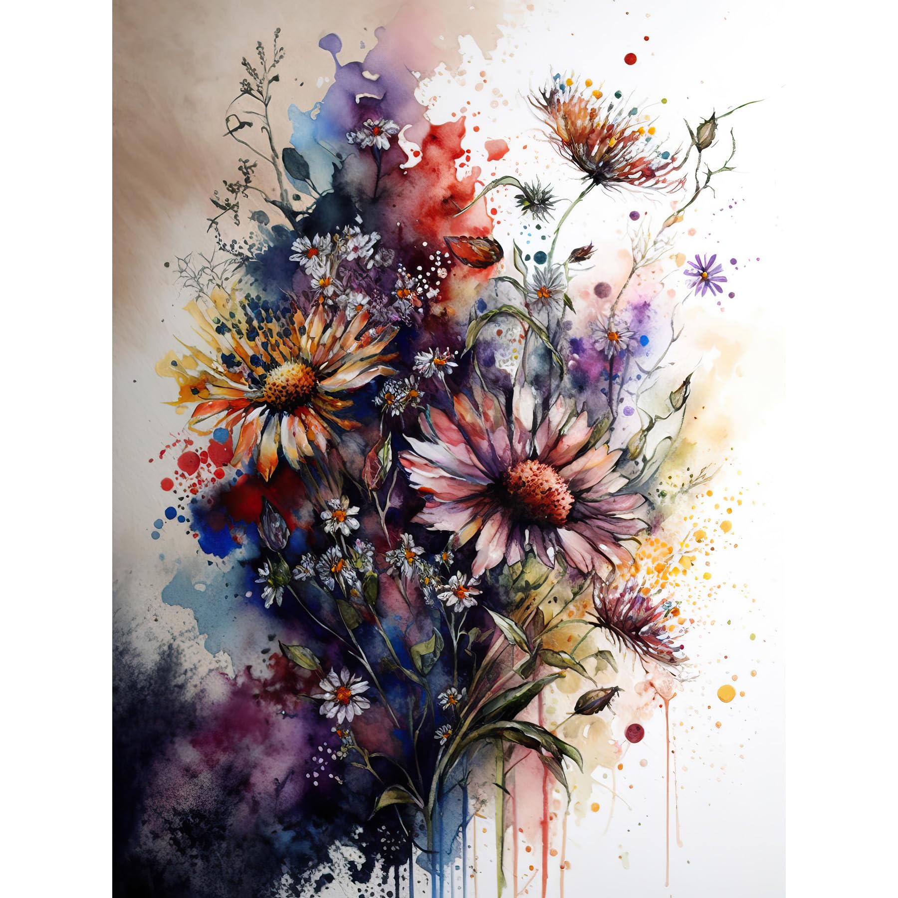 Artery8 Flower Bouquet over Watercolour Splat Illustration Large Wall Art Poster Print Thick Paper 18X24 Inch