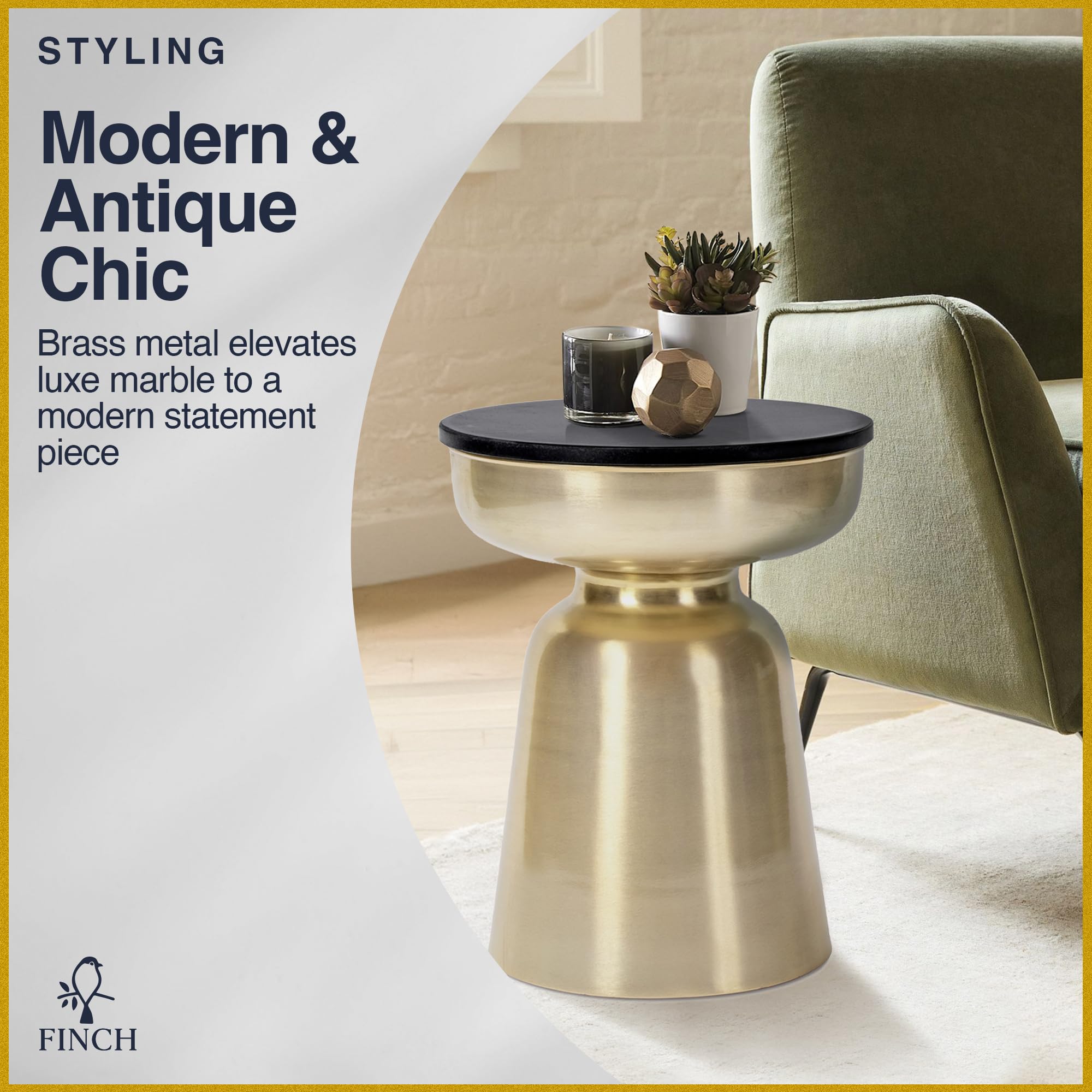 Finch Adler Metal Accent Side Table, 16" Natural Granite Top, Brushed Brass Base, Hourglass Shape, Modern EndTable, BedsideTable or Nightstand for Living Room or Bedroom