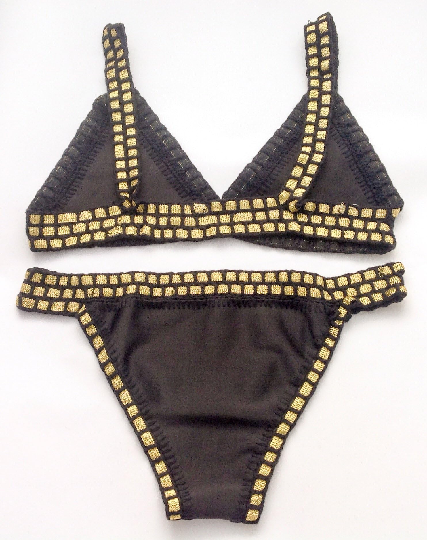 Zest Direct UK Black Gold Crochet Trimmed Embroidered Bikini Set Ladies Scuba Handmade Holiday Swimwear Beachwear (Small - UK8)
