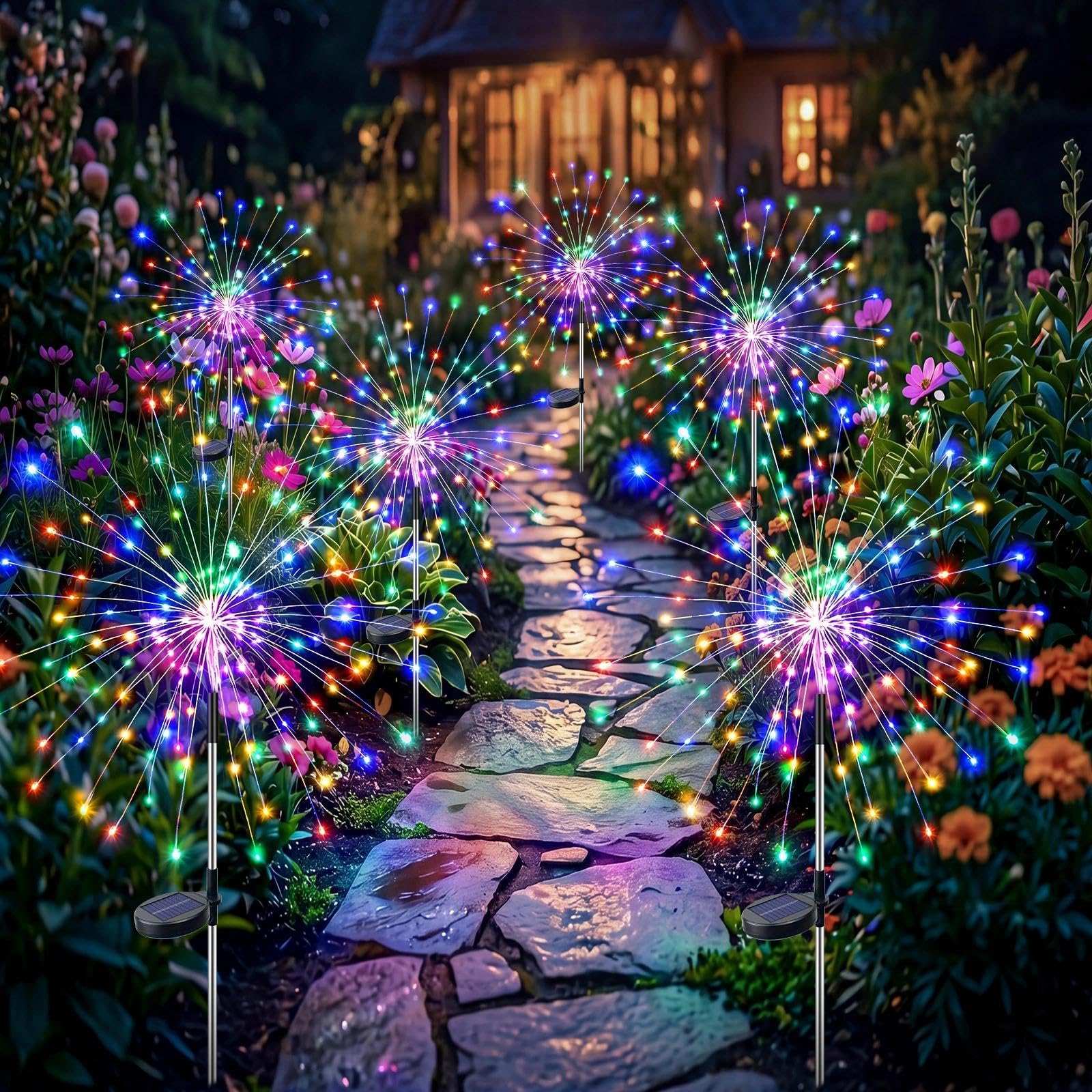 Lot de 6 feux d'artifice solaires d'extérieur à 118 LED avec 8 modes, lumières décoratives étanches pour jardin, pelouse, décoration paysagère, blanc chaud