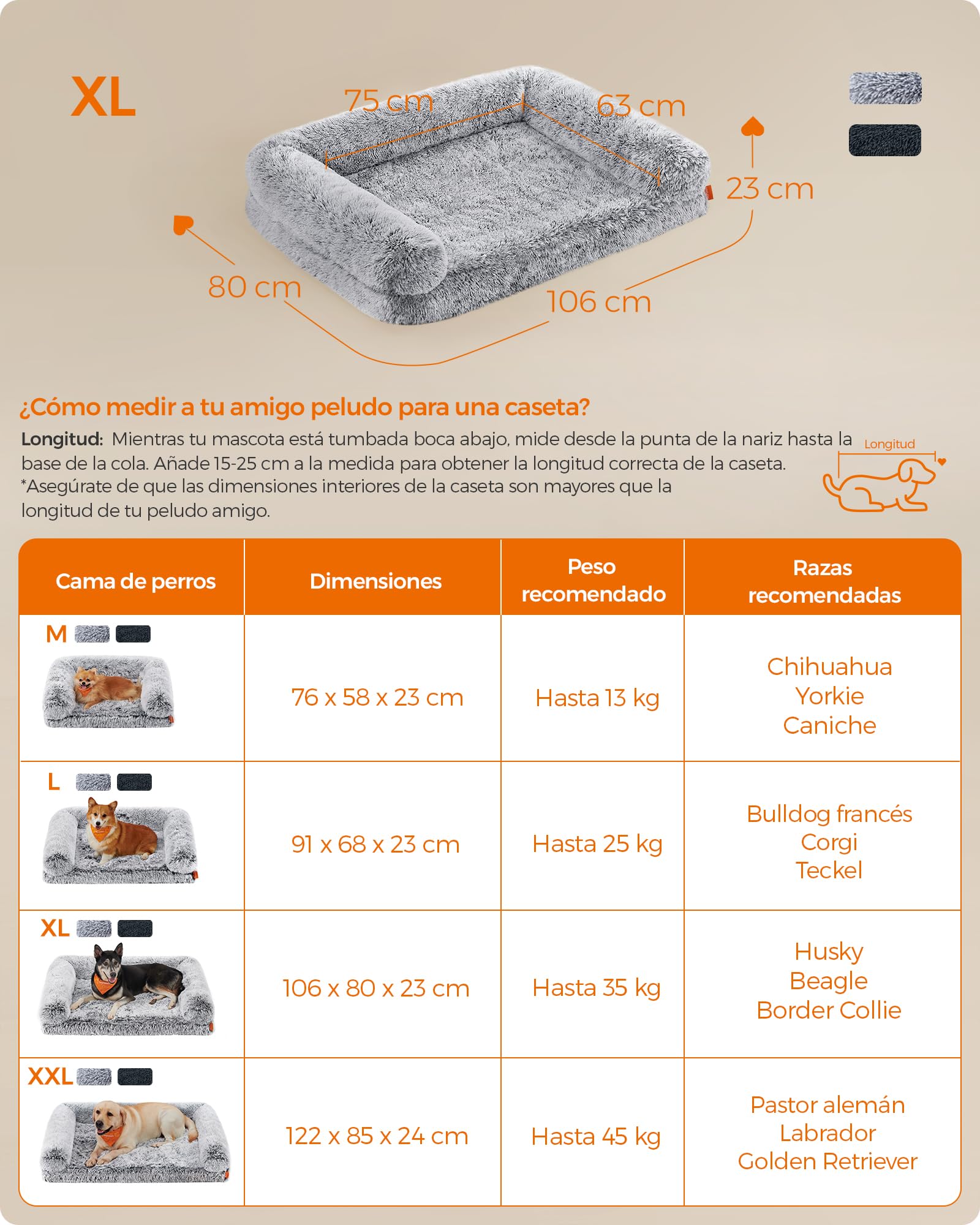 Feandrea FluffyHug Cama para Perros, XL Sofá para Perros Medianos y Grandes, Cama para Mascotas de Espuma con Funda Lavable Extraíble, 106 x 80 x 23 cm, Gris Ombré PGW233G01