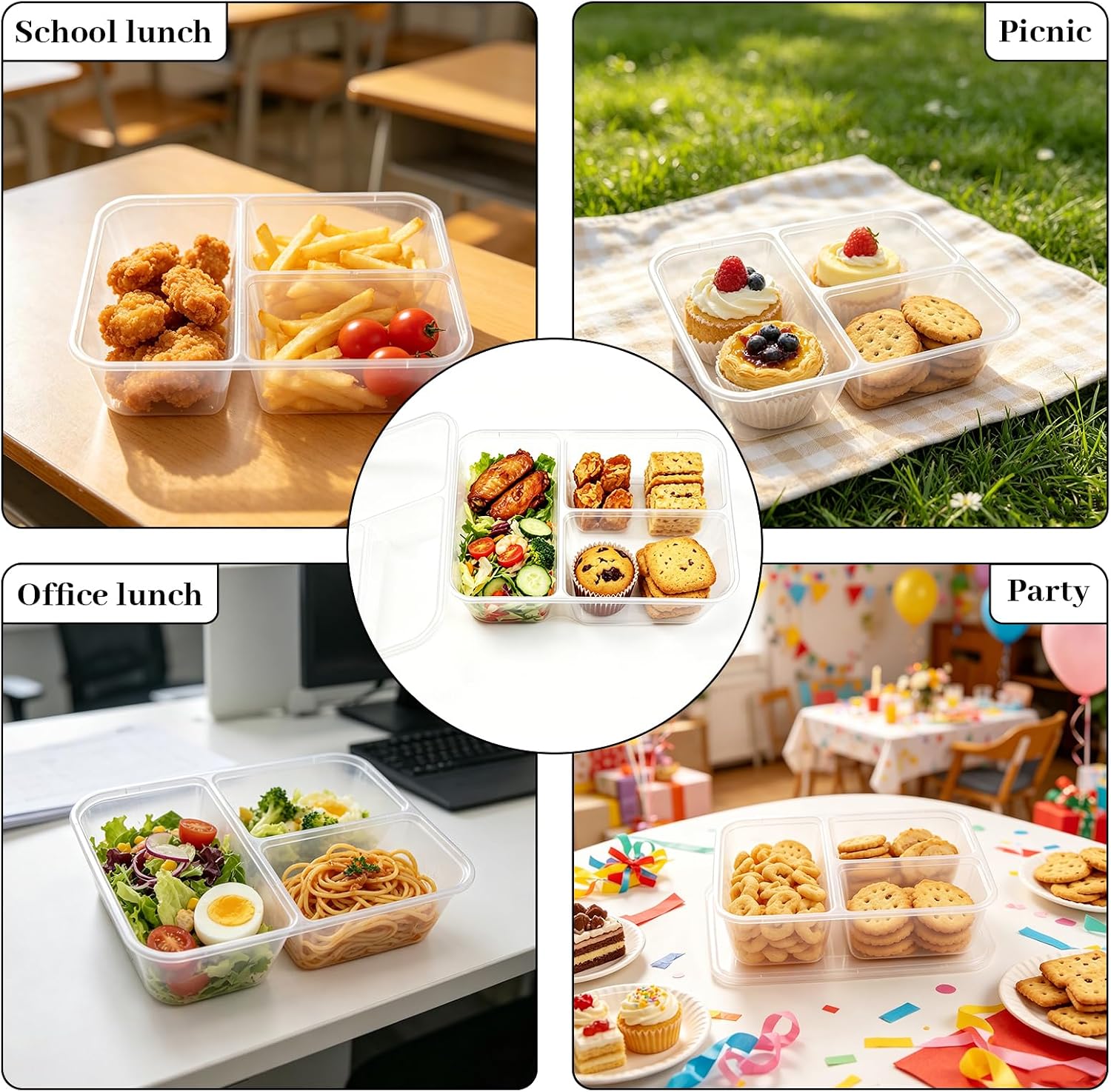 16 oz Clear Snack Containers with Lids, 3 Compartment, 50 Pack
