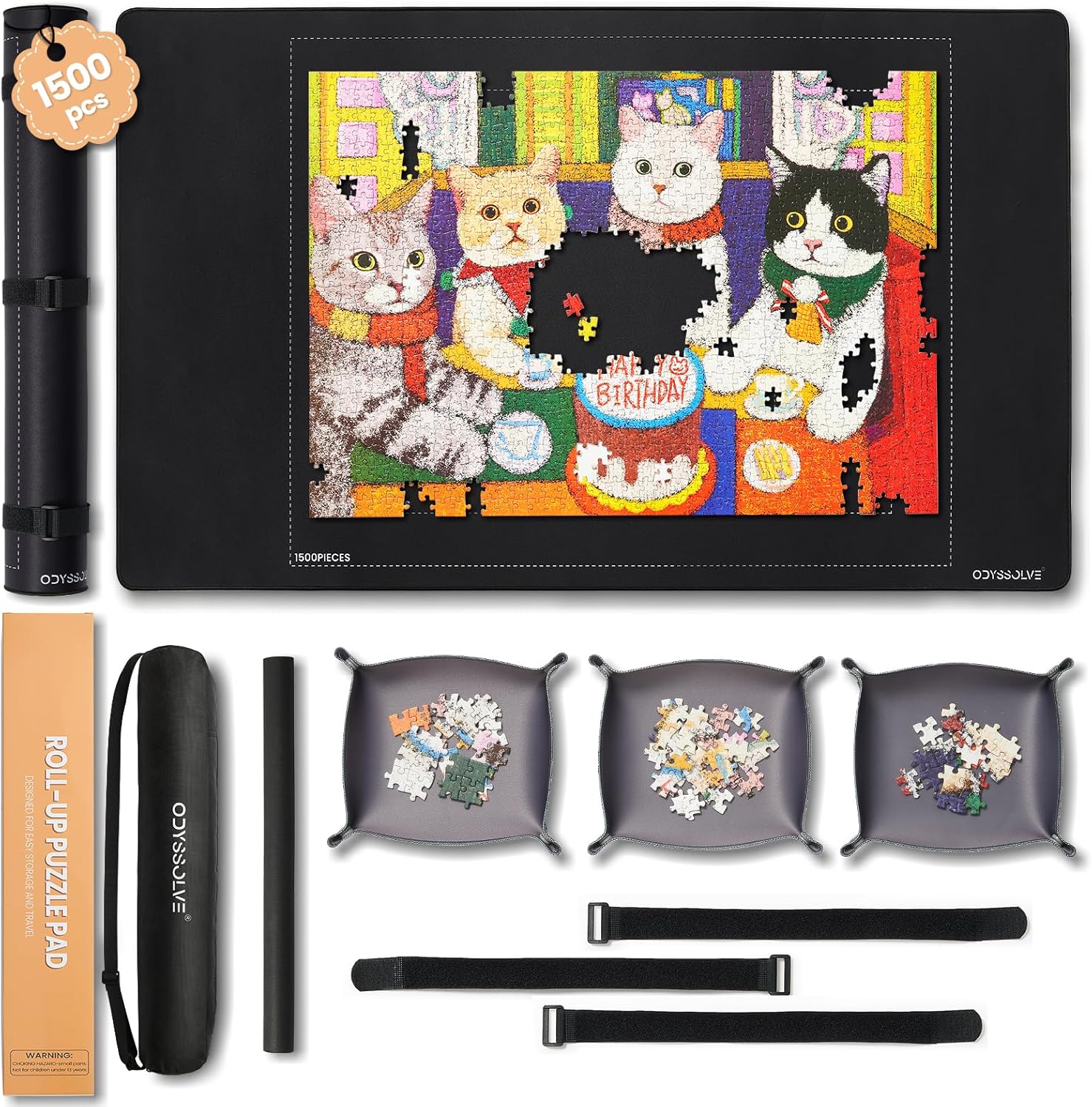 Jigsaw Puzzle Mat Roll Up 1500 Pieces Saver Pad 46" x 26" with 3 Sorting Trays & Travel Storage Bag Portable Non-Slip Rubber Bottom