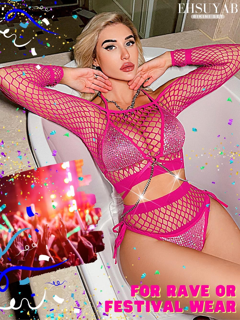 4Pc Rave Outfits, Metallic Shiny Bikini Body Chain, Off Shoulder Coverup