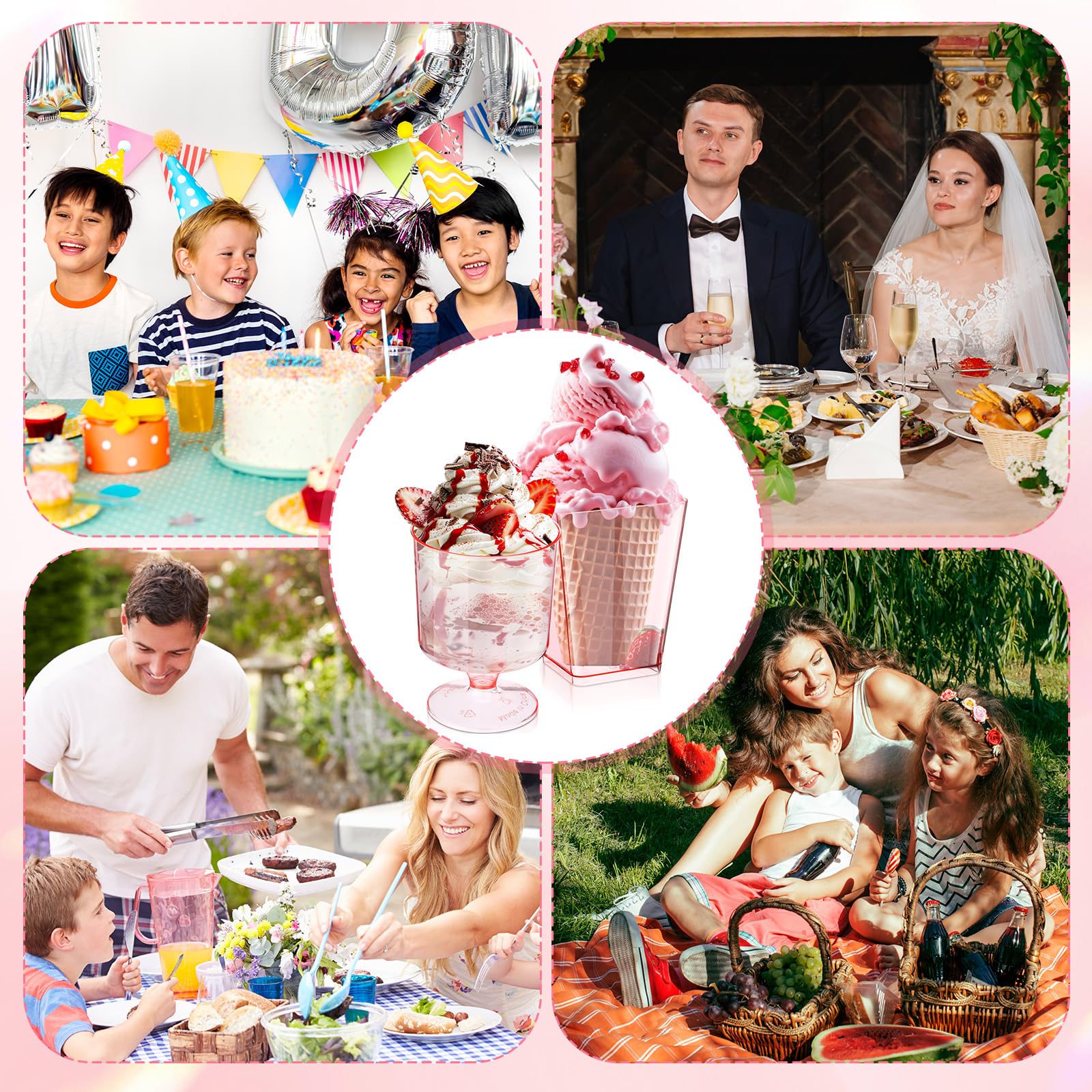 Funnymoom Paquete de 100 vasos de postre rosa con cucharas de 5 onzas, mini taza de postre de plástico transparente para postre, vasos cuadrados de chupito, cucharas redondas de plástico para frutas,