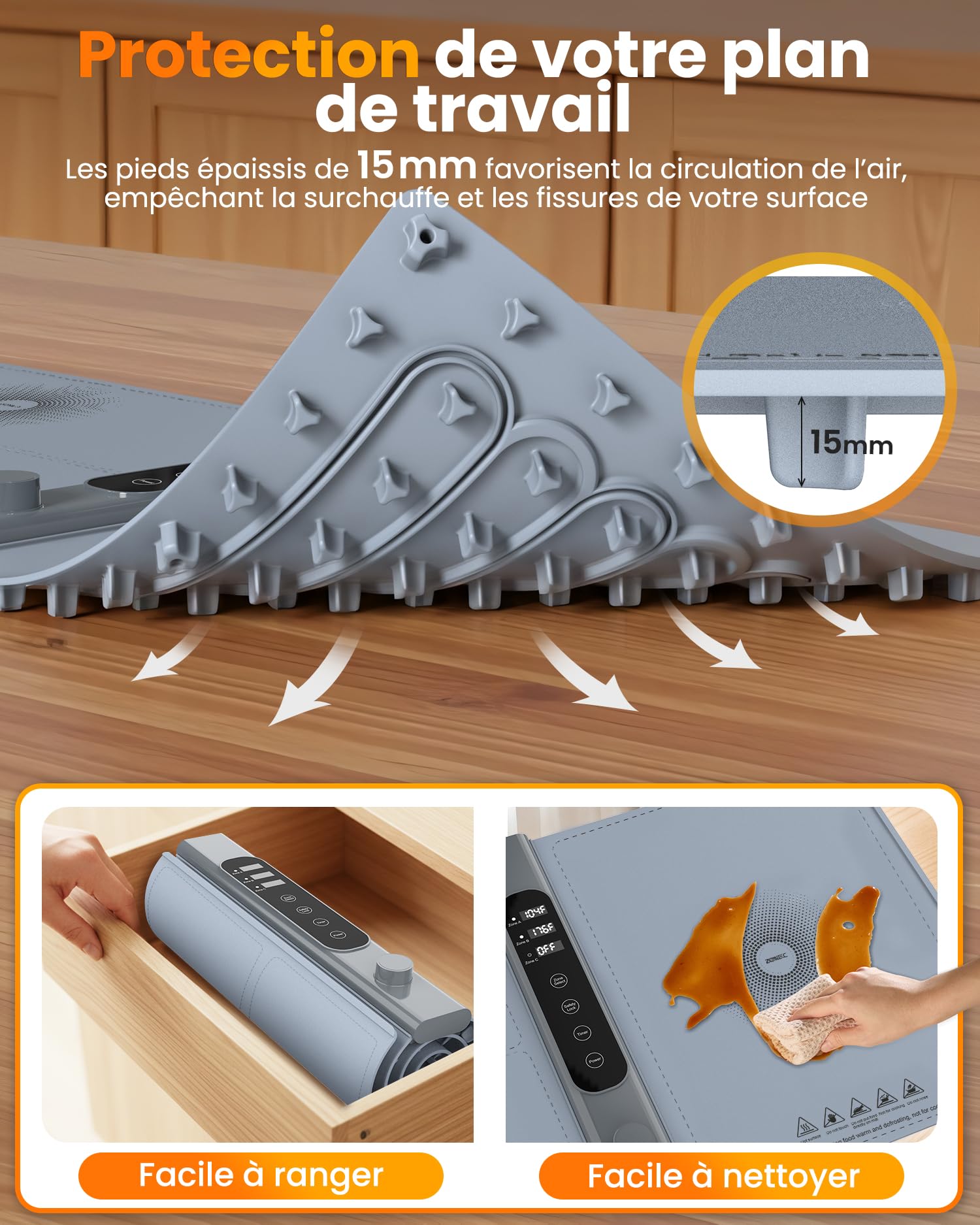 Chauffe Plat Électrique à 3 Zones Indépendantes 101×43 cm | Plaque Chauffante Électrique avec 17 températures minuterie 6h, Chauffe Assiette en Silicone Enroulable pour Buffets et Fêtes
