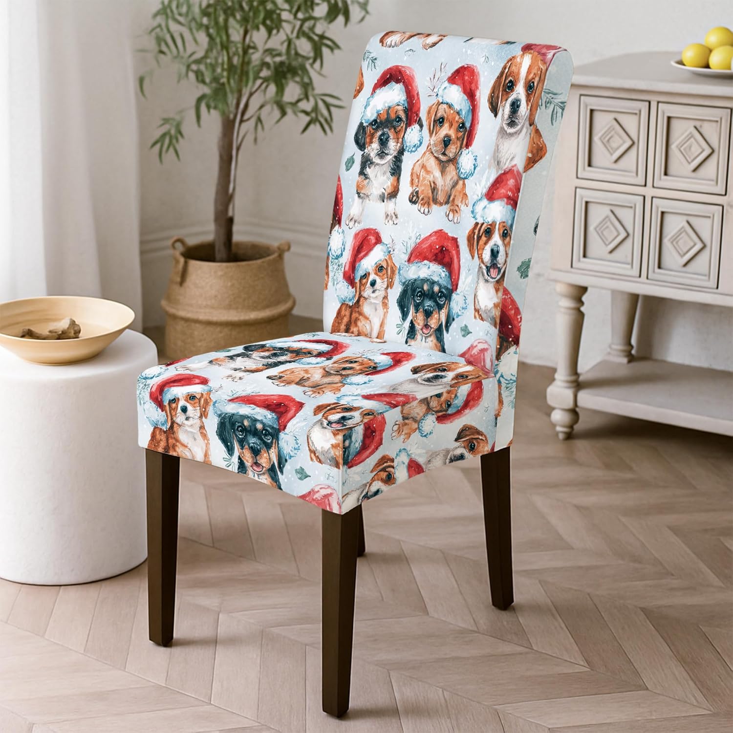 Dog Chair Covers for Dining Chairs, Christmas Fanciful Santa Hat Paw Print Xmas Red Spandex Washable Elastic Chair Protector Covers Decor for Kitchen Living Room Party 4pcs
