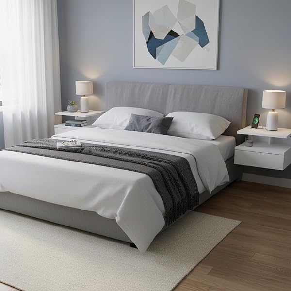 Baroni Home Set 2 Comodini Bianchi Sospesi da Parete con Cassetto e 2 Ripiani, Comodini Moderni Salvaspazio per Camera da Letto, MDF Resistente, Montaggio Facile, 32x35x23 cm - 2