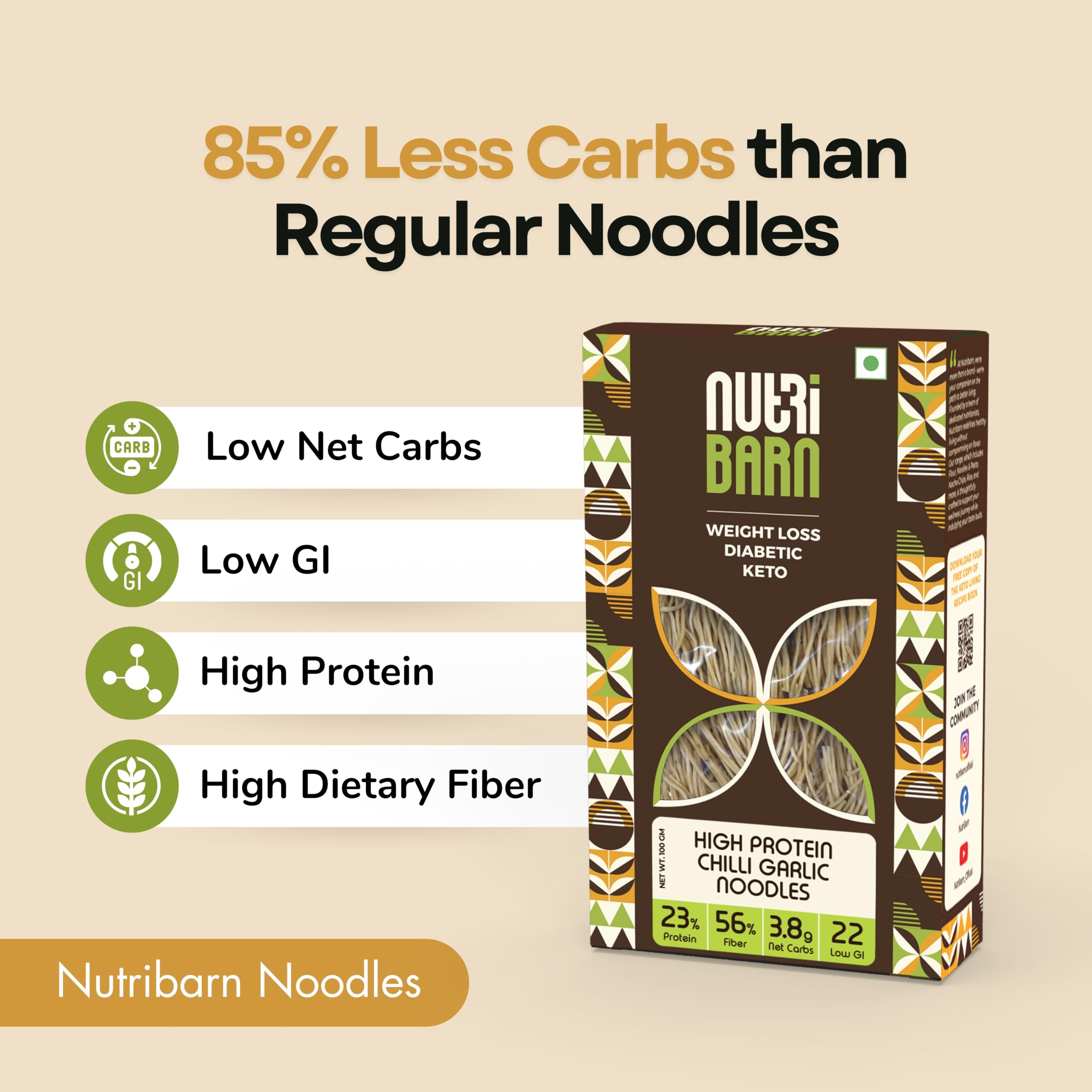 Nutribarn High Protein Low Carb Chilli Garlic Noodles 100 Gms | 23% Protein | 3.8g Net Carbs | Lab Tested Low GI 22 | Diabetic Friendly, Weight Management Spaghetti | 100g (1 Pack) 2