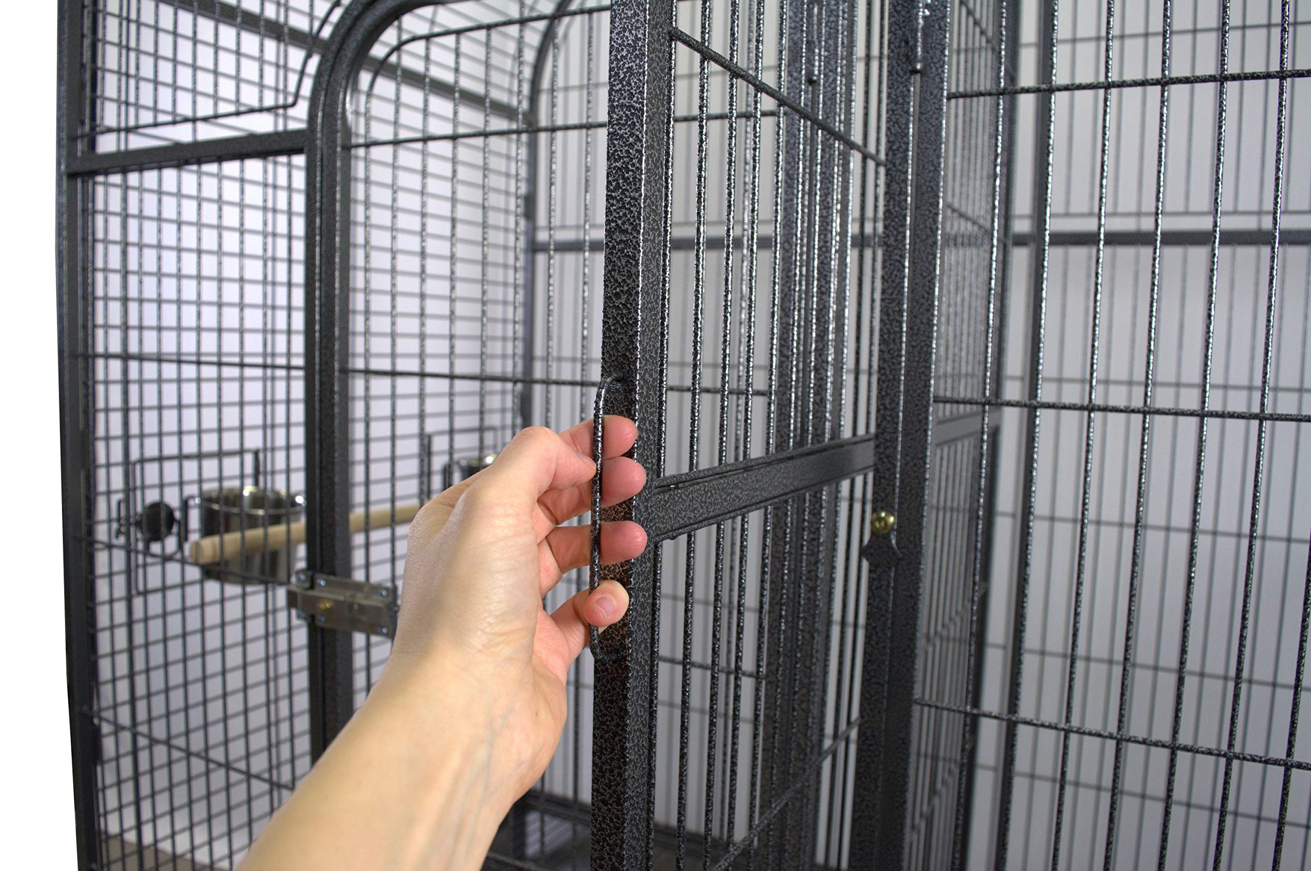 Pet's Solution - Grande Voliera Pappagallo con Divisorio, per Uccelli di Grandi Dimensioni, con Posatoi, Ciotole e Ruote, Nera - 180x100x186 cm