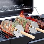 ivtivfu Rolling Grill Basket, Removable Wooden Handle, 304 Stainless Steel, Nesting Grilling Tools, Smoker BBQ Accessories for Vegetable, Outdoor Cooking Camping, Birthday Gifts for Men Dad Husband