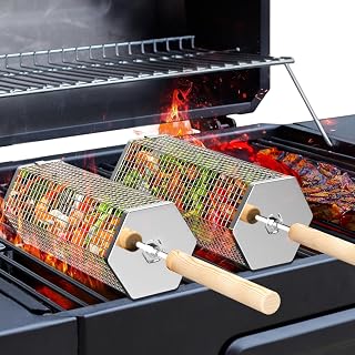 IvtivfuToys Rolling Grill Basket Set - 304 Stainless Steel, Removable Wooden Handles, Nesting Design for Veggies, BBQ, Camping & Gifts (2PCS)