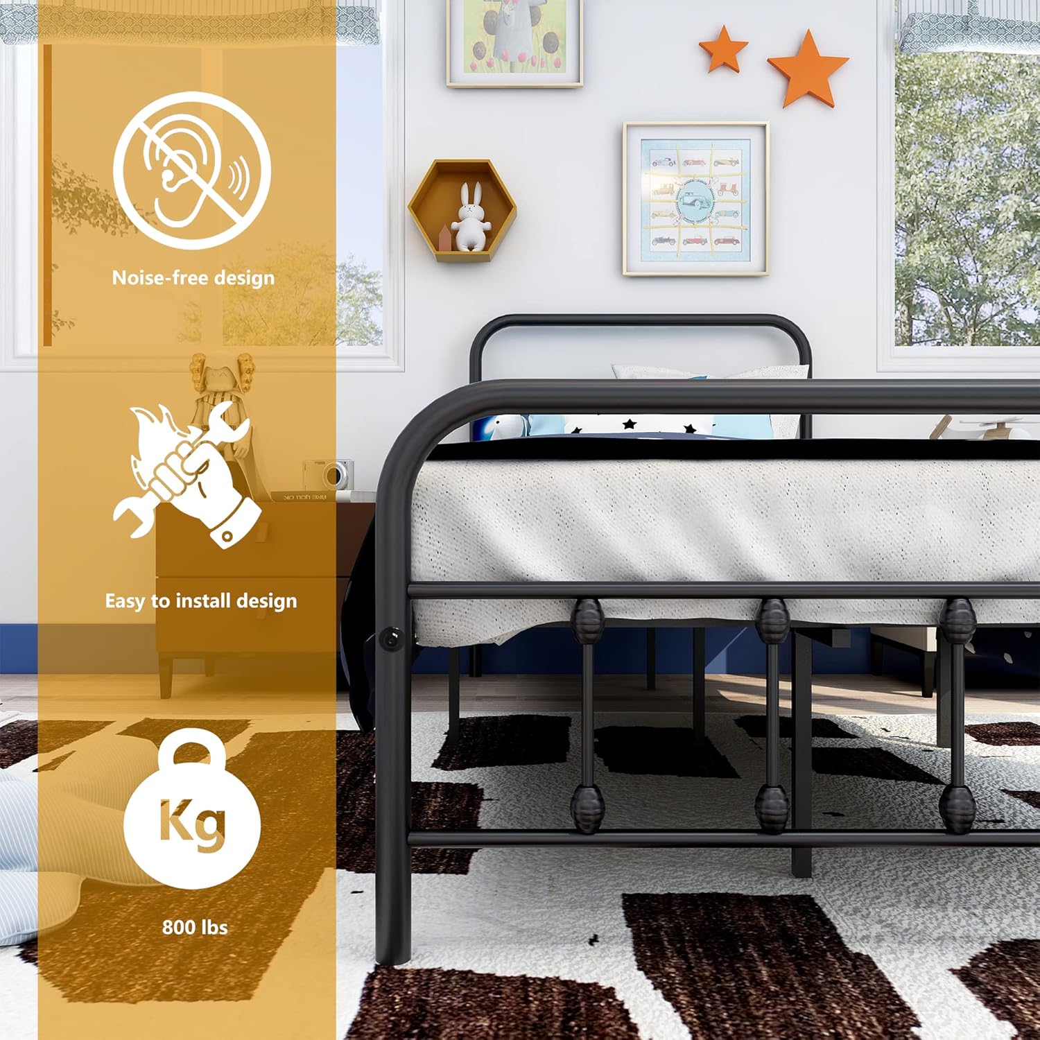 Twin Bed Frames with Headboard and Footboard, Platform Bed Under Storage No Box Spring, No-Noise, Mattress Foundation Easy Assembly (Black)