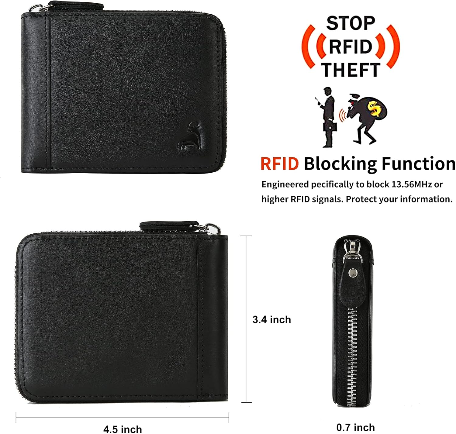 Slim Zipper Wallets For Men RFID Leather Mens Bifold Creidt Card Holder Zip Around Wallet With Coin Pocket - Image 2