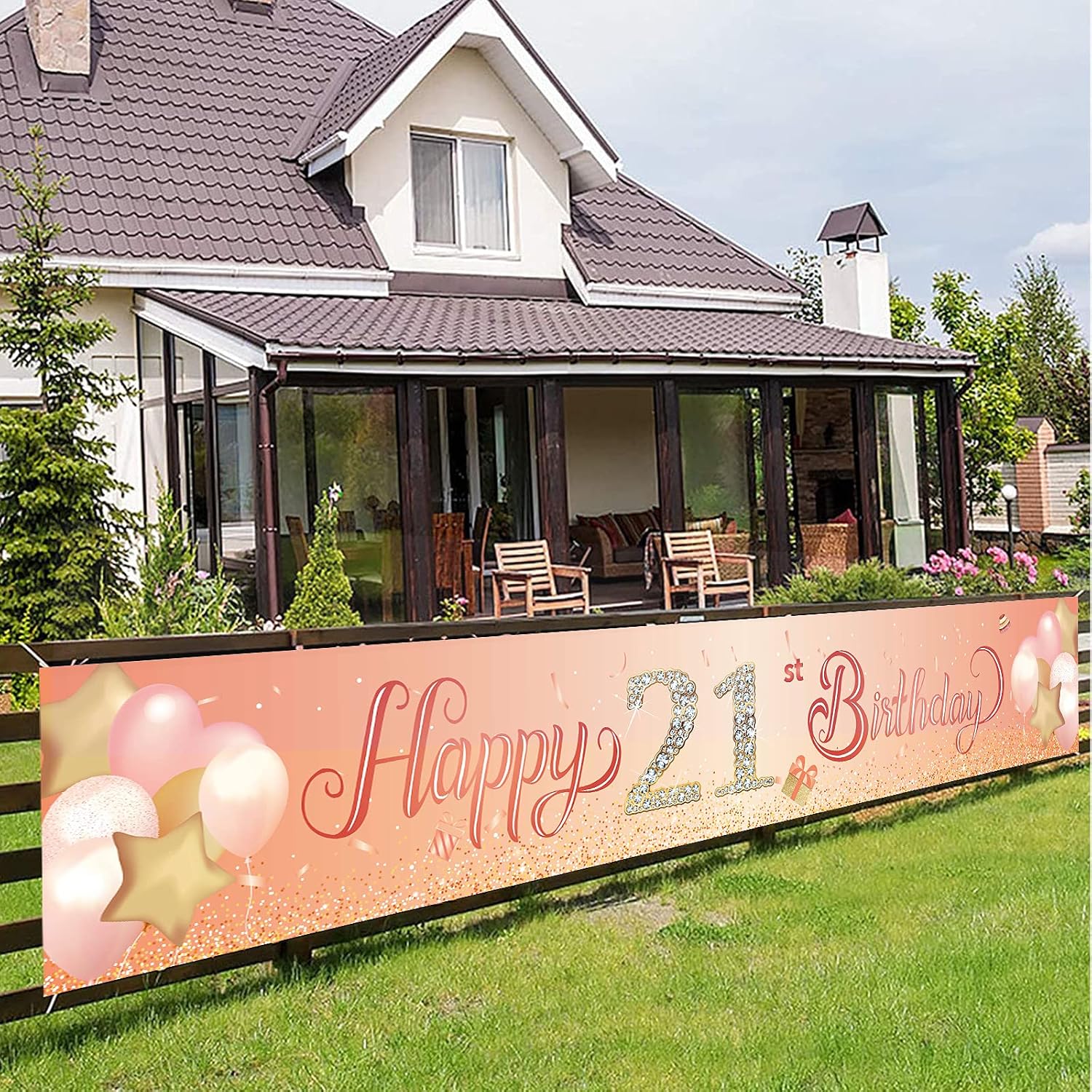 Happy 21st Birthday Banner,21st Birthday Decoration Rose Gold,Party Backdrop Banner Fabric Banner.for Girls Boy 21stBirthday Photo Backdrop,Photography Background,Outdoor Yard Garden Table Wall Decor