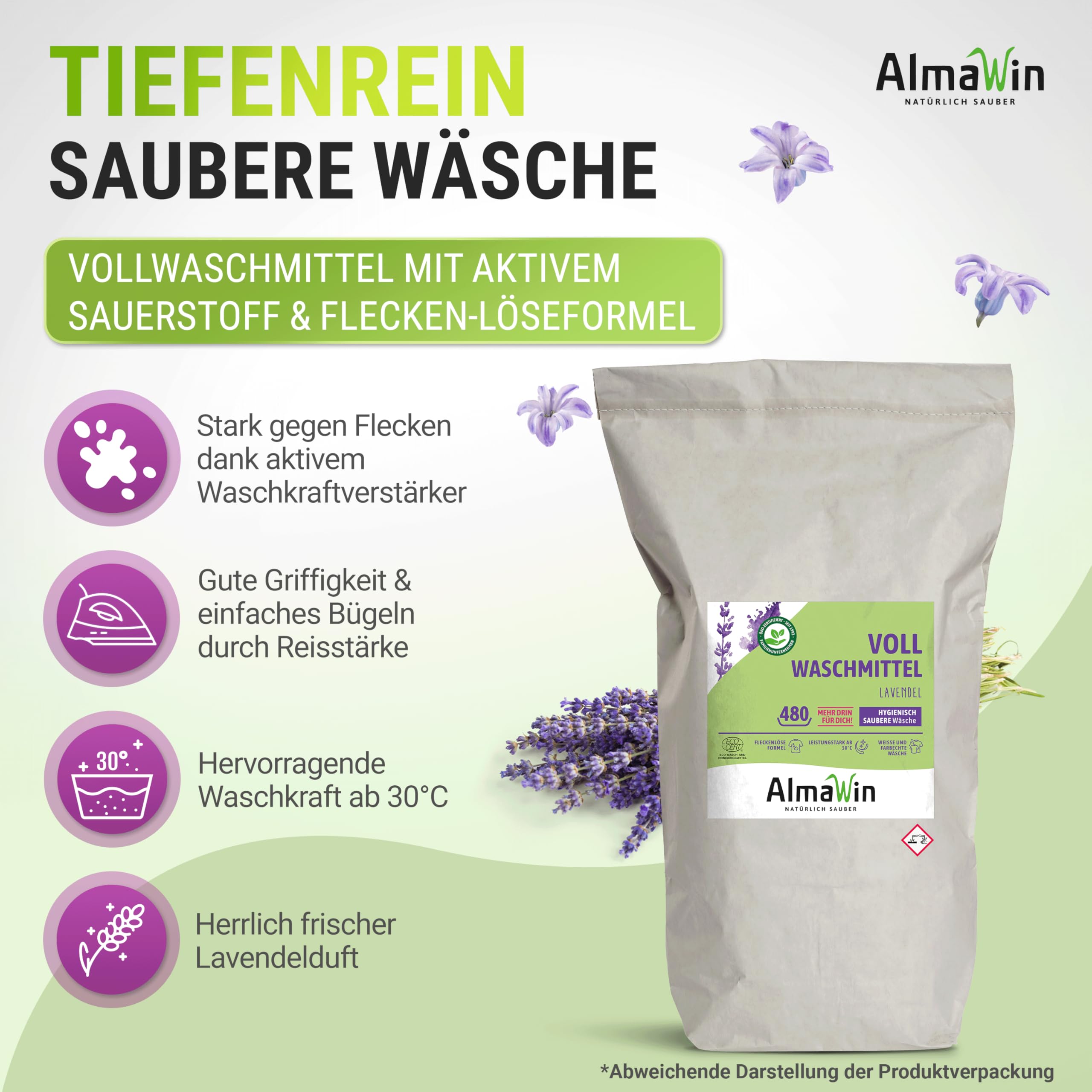 AlmaWin Detersivo ecologico lavanda, 25 kg, 480 lavaggi, con amplificatore, vegano