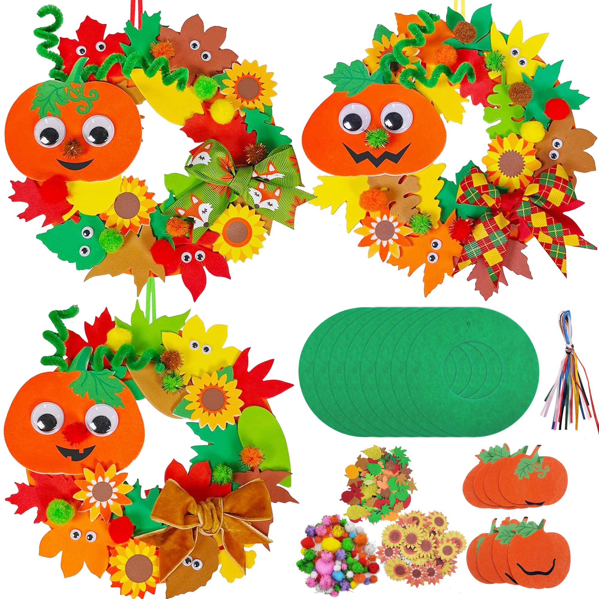 Autumn Wreath Craft Kits for Kids 8Pcs Fall Felt Wreath Ornaments with Pumpkins Maple Leaves Acorns for Halloween Thanksgiving Wall Decor