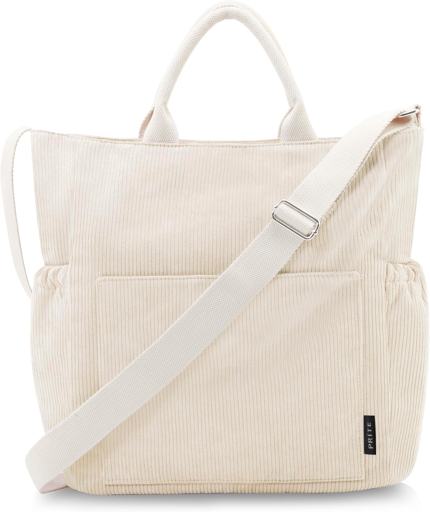 PriteCorduroy Tote Bag for Women with Zipper, Large Capacity Shoulder Bags with Adjustable Strap and Pockets Waterproof Handbag for Work School Shopping Travel College