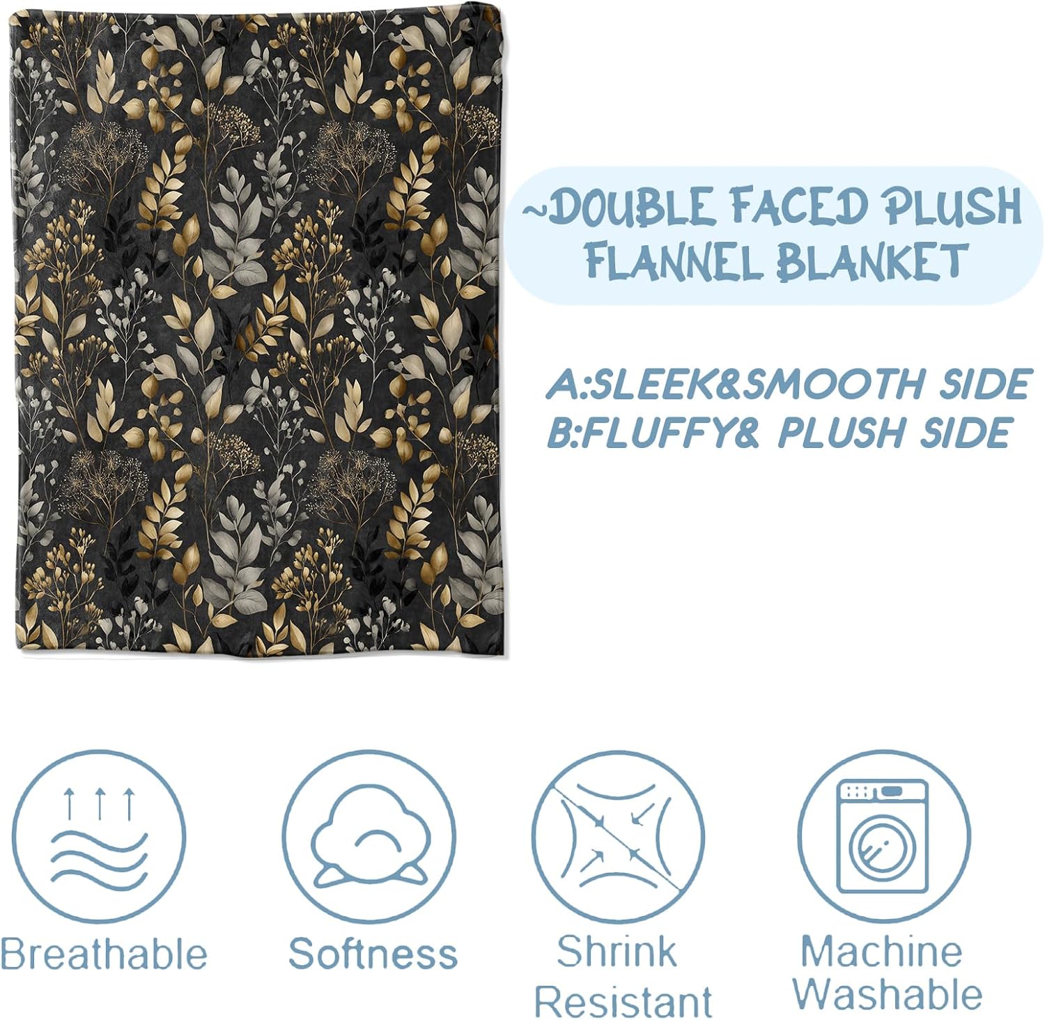 Elegant Plant Blanket 50x60 Inch Gold and Black Leaf Throw Soft Cozy Flannel Blankets Practical Decorative Throws for Bed Couch Sofa Travel Picnic Thoughtful Gifts for Men Women Adults
