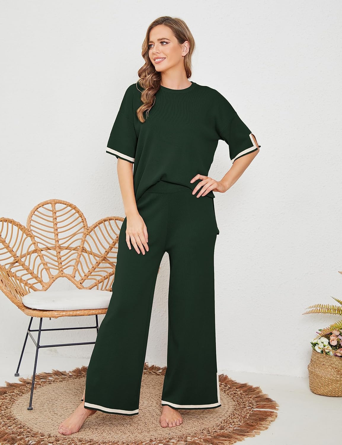 Tanming Sweater Sets Women 2 Piece Lounge Sets Short Sleeve Knit Pullover Tops Wide Leg Pants - Image 3