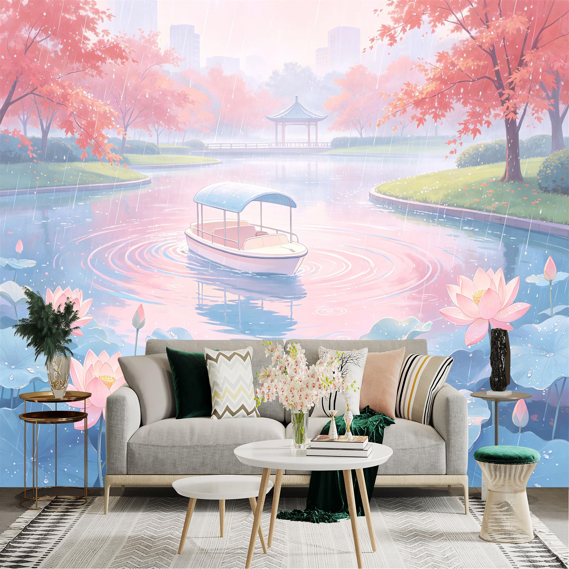 Custom Size Wall Sticker Mural， Pink Lotus Flowers， Serene Lake with Boat， Rainy Garden Landscape， for wall Decoration， peelandstick wall Decals.